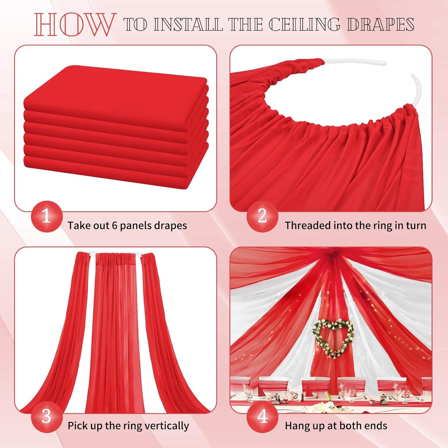 6 Panels Red Ceiling Drapes for Wedding 5ftx20ft Chiffon Fabric Arch Draping Curtains Sheer Drapery for Party Ceremony Birthday Baby Shower Reception Stage Swag Ceiling Decorations