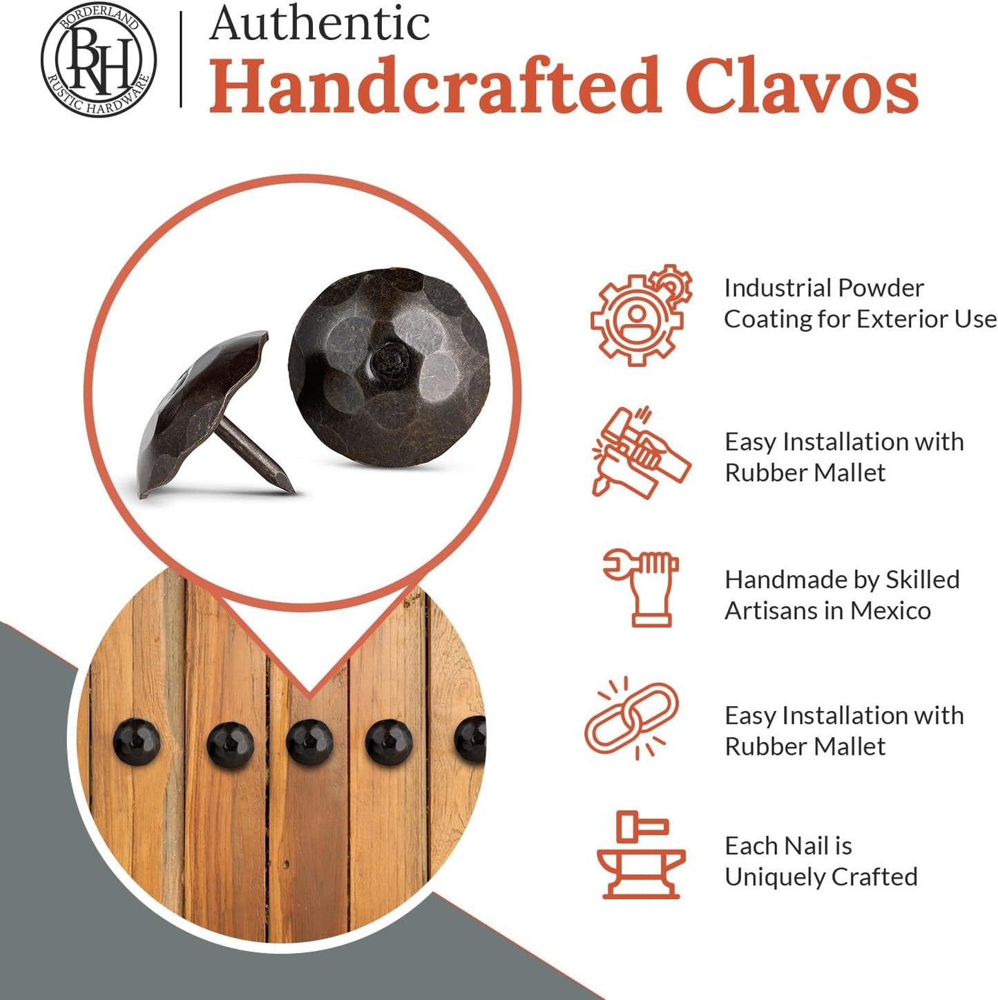 50 Pack 1.25" Round Head Iron Clavos Decorative Nails – Sealed Unfinished – Handmade Rustic Round Fasteners for Farmhouse Shutters, Faux Wood, Barn Doors, Shutters, Gates – Ornamental Wood Accent