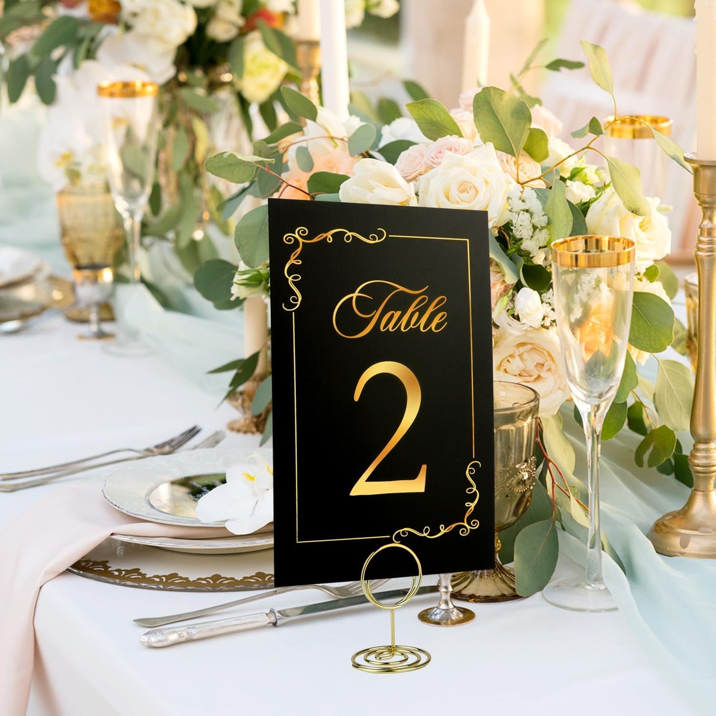 Wedding Table Numbers 1-40 and Head Table Card, Black Gold Cards with 41 Gold TableNumber Holders for Wedding Reception