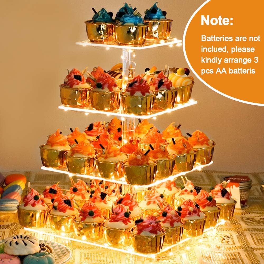 YestBuy Cupcake Stand with Yellow LED Lights, 4 Tier Cupcake Stand for 50 Cupcakes, Acrylic Cupcake