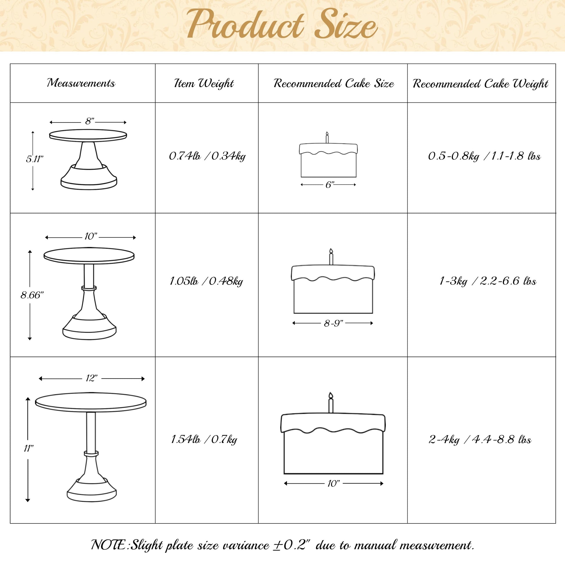 HBlife 3 PCS Gold Cake Stand Set (8"/10"/12" Cake Plate), Metal