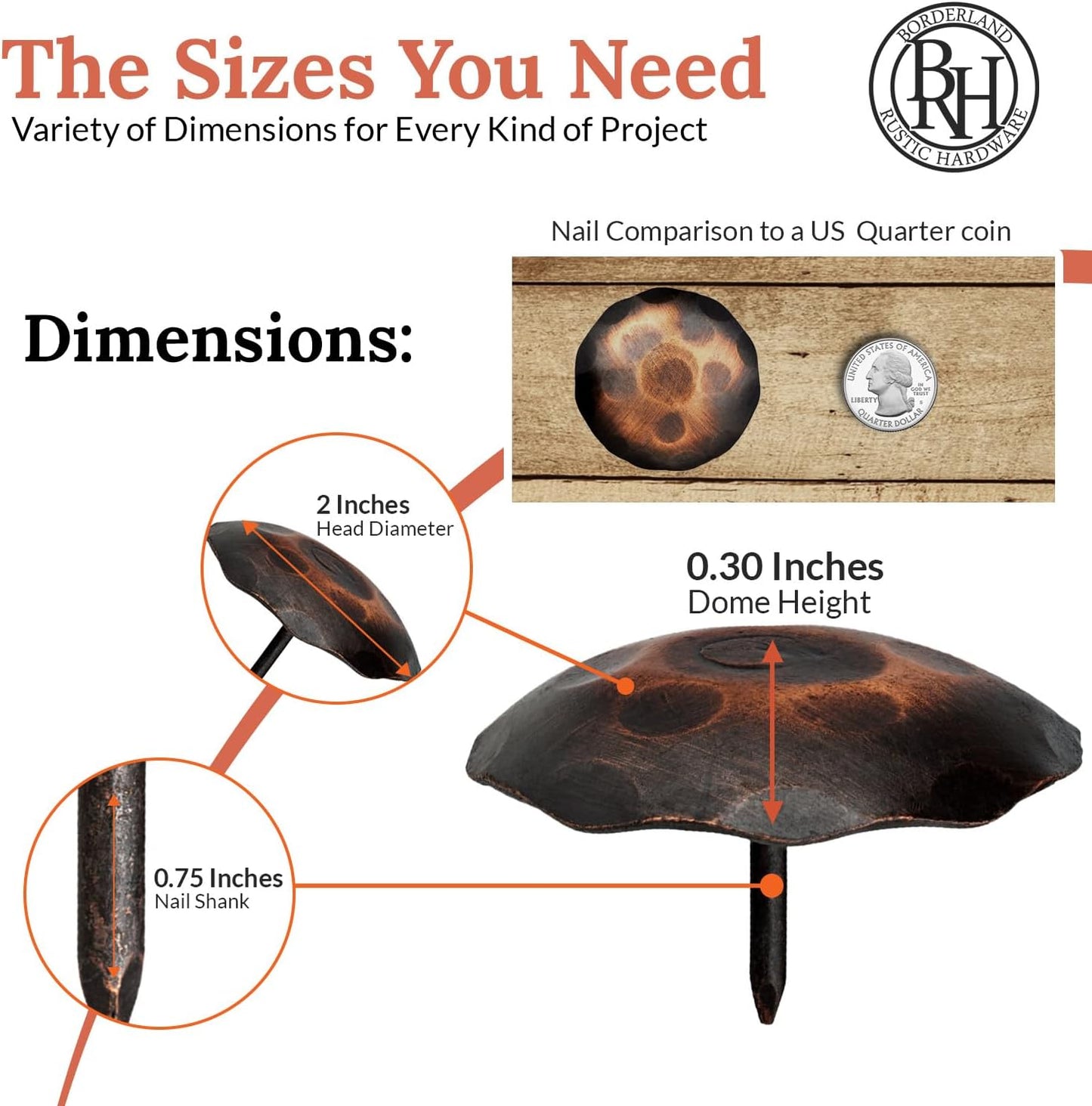 10 Pack 2" Round Head Iron Clavos Decorative Nails – Oil Rubbed Bronze – Handmade Rustic Round Fasteners for Farmhouse Shutters, Faux Wood, Barn Doors, Shutters, Gates – Ornamental Wood Accent