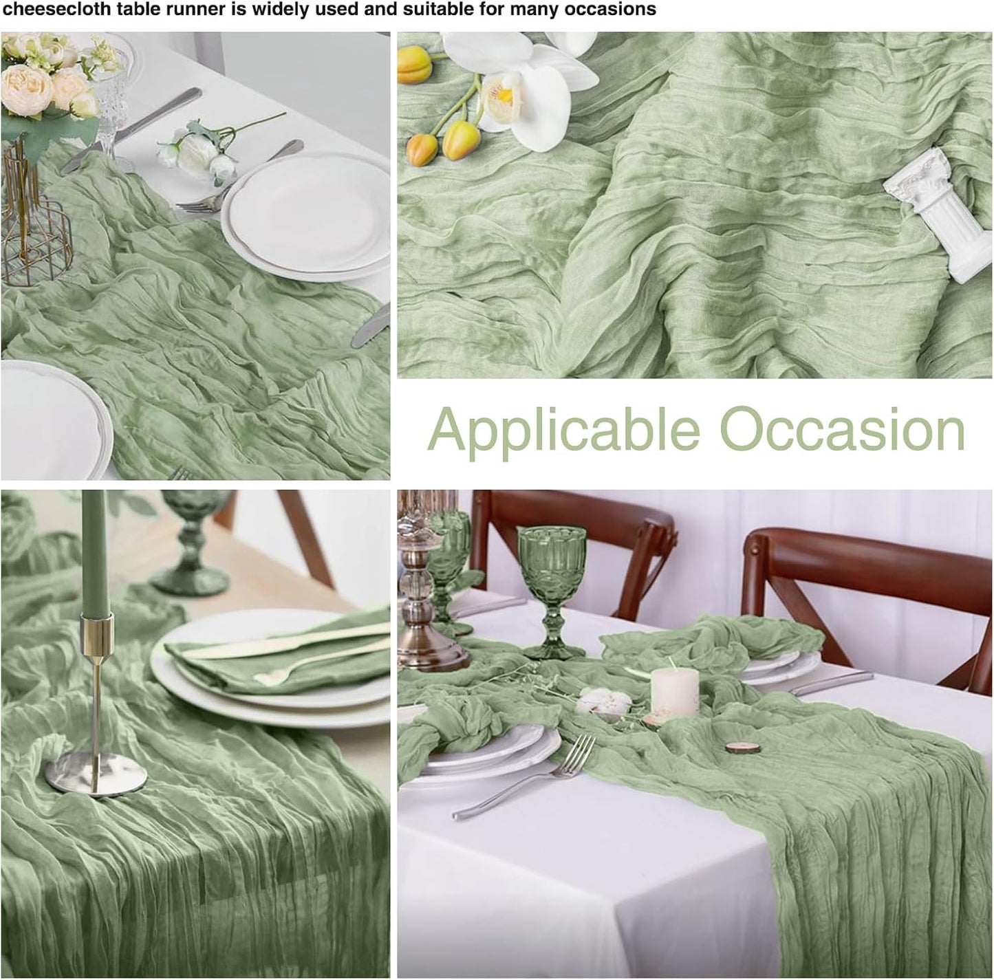 20 Pack Sage Green Cheesecloth Table Runner 17x108 Inch Boho Wrinkled Sheer Romantic Gauze Cheese Cloth Table Runner Bulk Decor for Wedding, Bridal Shower, Birthday Party
