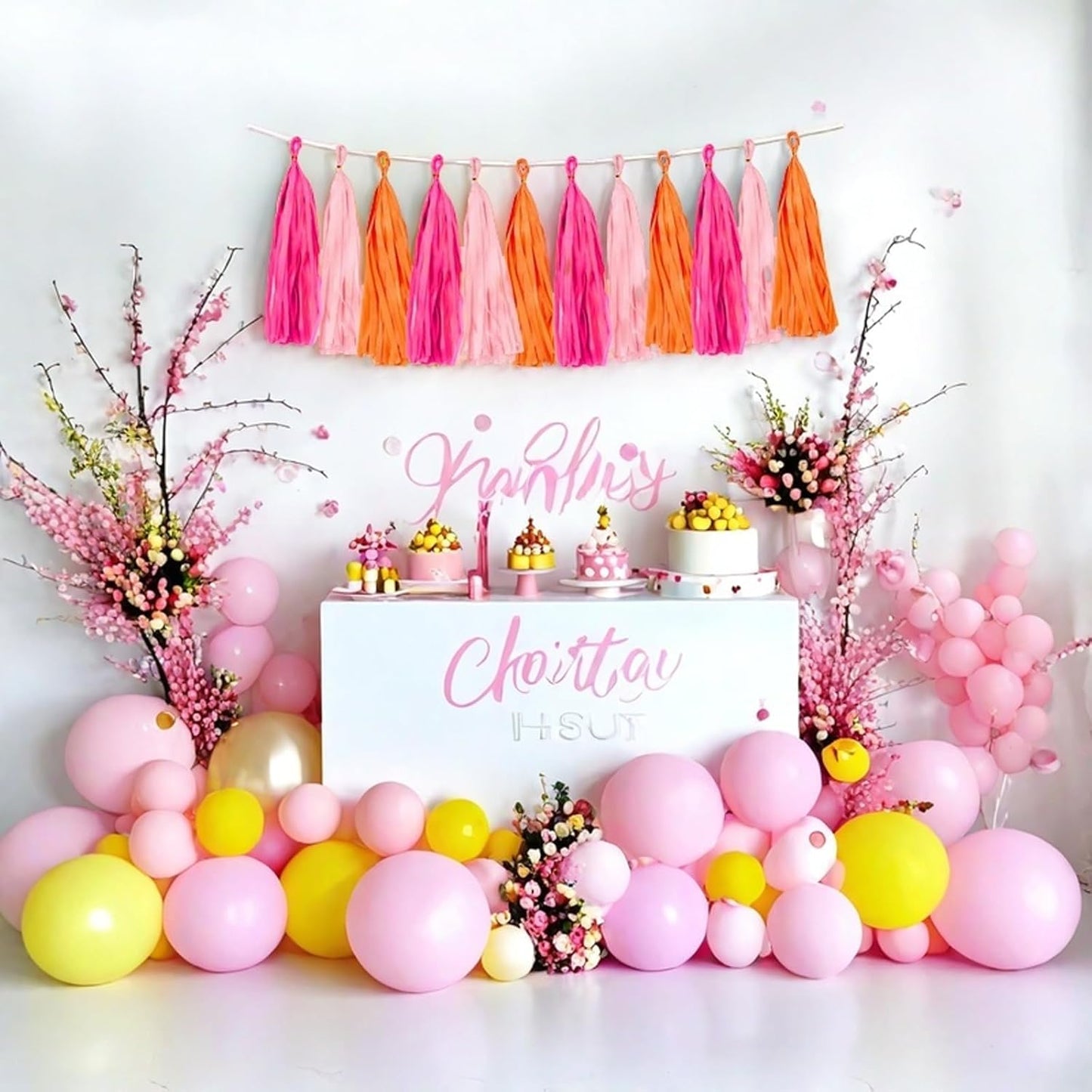 Rose red Pink and Orange Tassel Garland Banner Paper Tassels for Party Decorations,Pack of 15