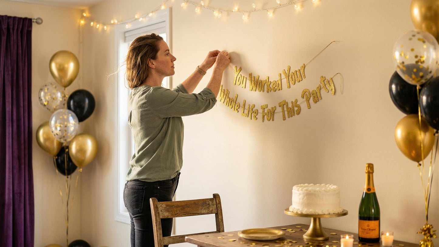 Pre-Strung You Worked Your Whole Life For This Party Gold Glitter Banner - Funny Retirement