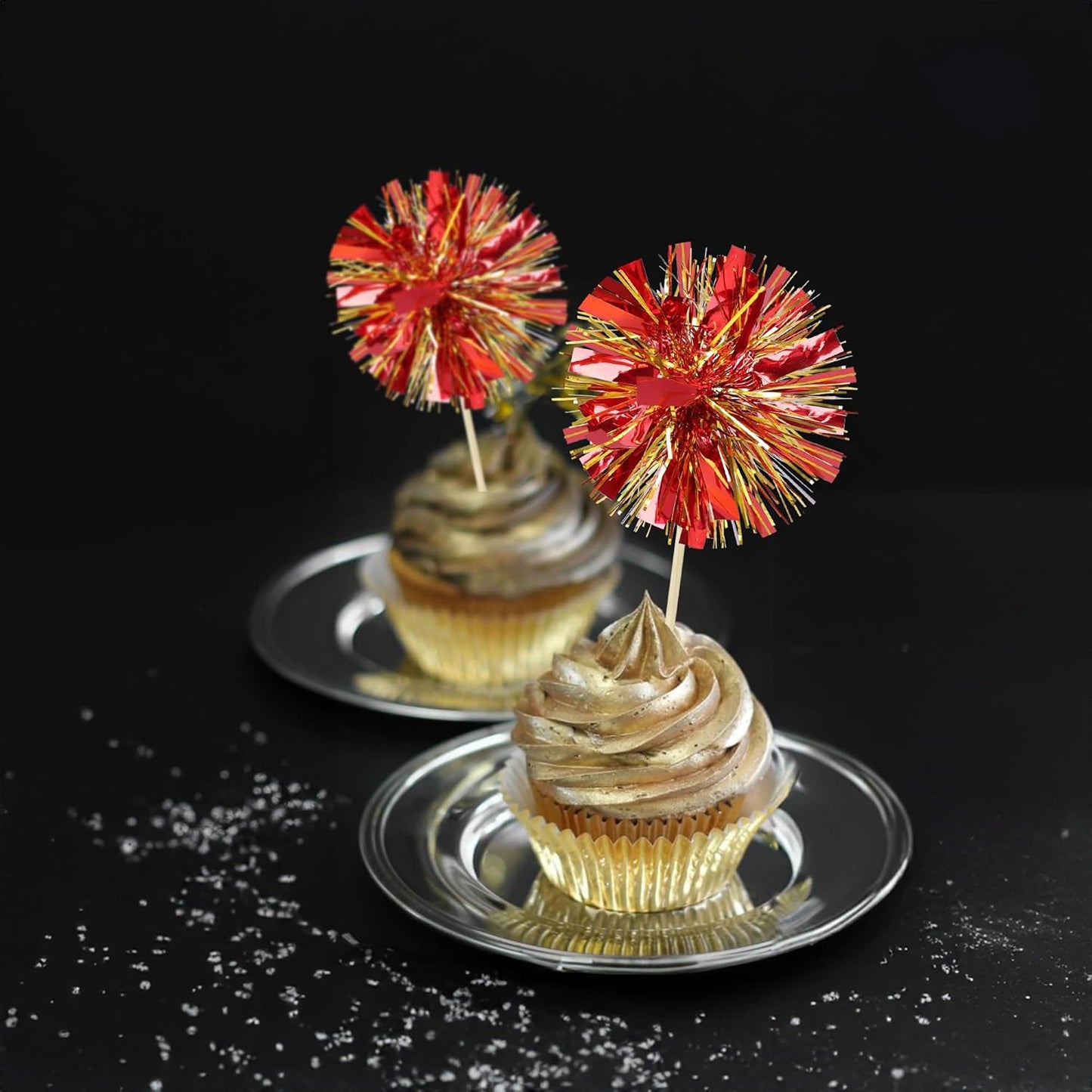 Ephlyn 30Pcs Foil Firework Cupcake Toppers Sparkle Tinsel Drink Birthday Cake Decorations Cocktail Food Fruit Toothpick for New Years Wedding Birthday Party Decorations Gold Red