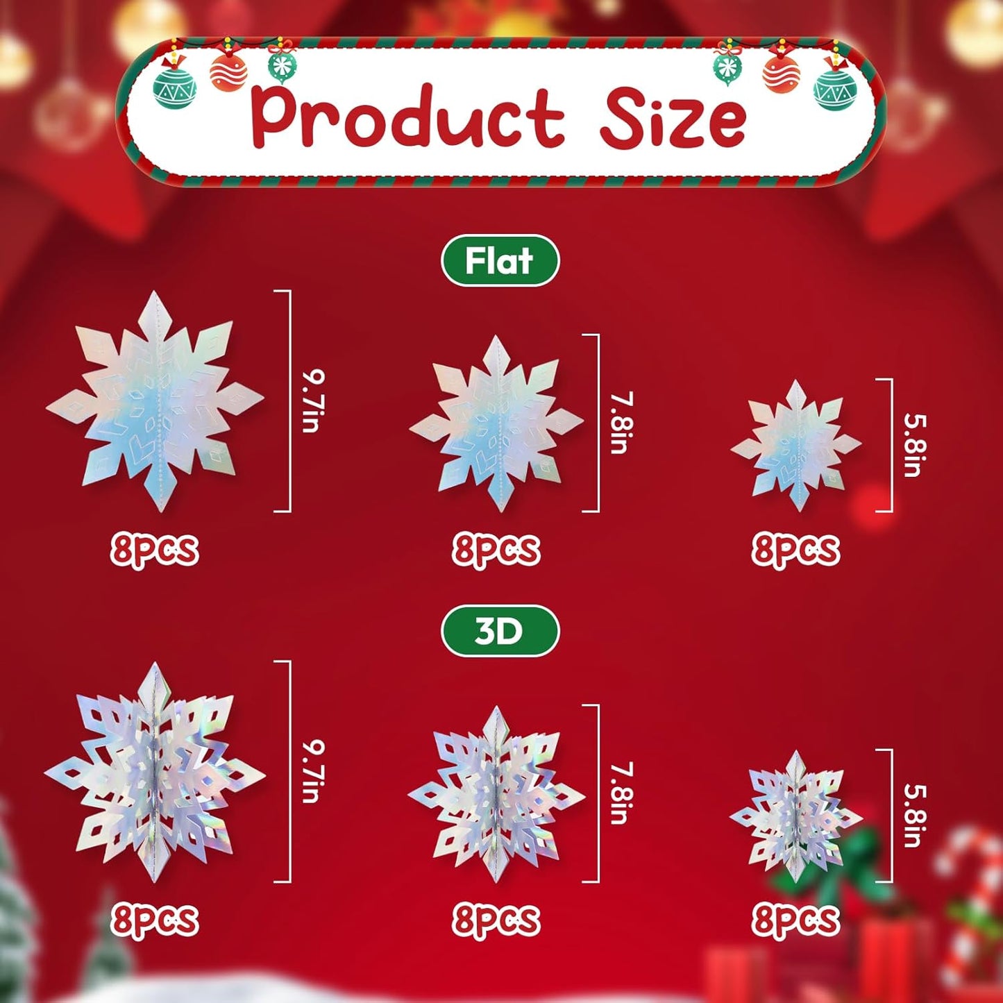 Benbilry 3D Hanging Snowflake Decorations for Christmas Tree, 24pcs 3 Size Winter Wonderland Decorations for Frozen Birthday Party, Christmas Home Decor - Iridescent