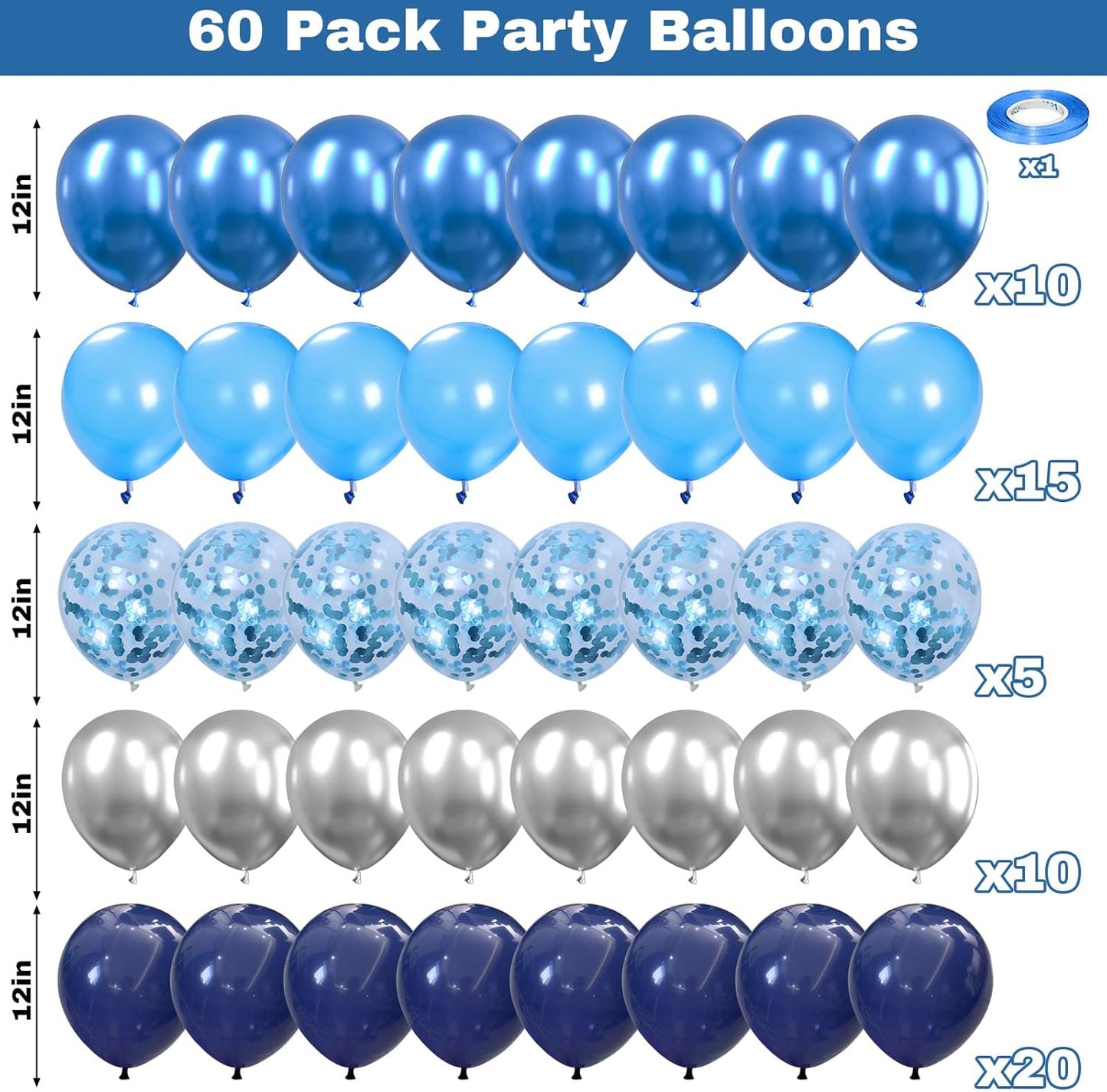60 Pcs Blue and Silver Balloons, Navy Royal Blue Silver Party Balloons with Metallic Confetti Helium Latex Balloons for Birthday Baby Showers Fathers Day 2025 Graduation Decoration