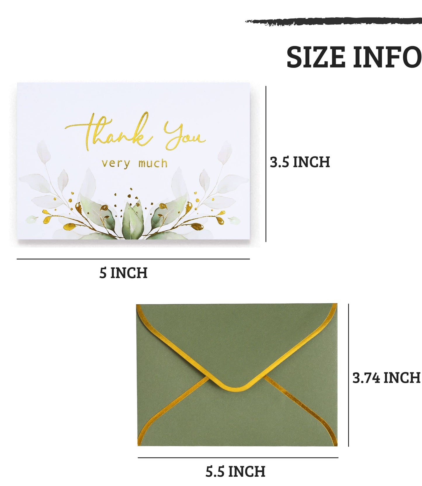 Winoo Design 100 PK Luxurious Gold Thank You Cards with Envelopes Bulk Sage Green - 5x3.5 Inches