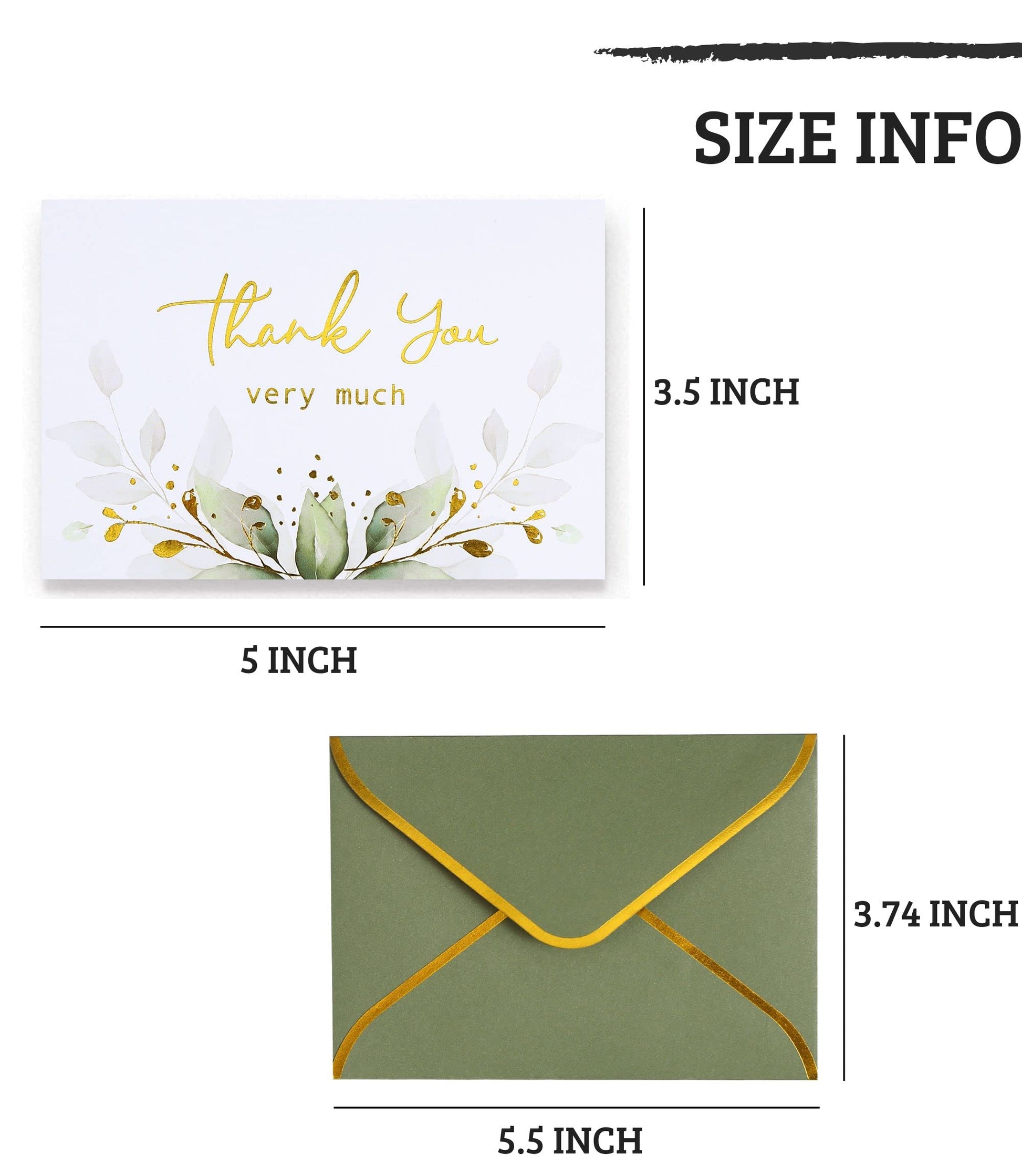 Winoo Design 100 PK Luxurious Gold Thank You Cards with Envelopes Bulk Sage Green - 5x3.5 Inches