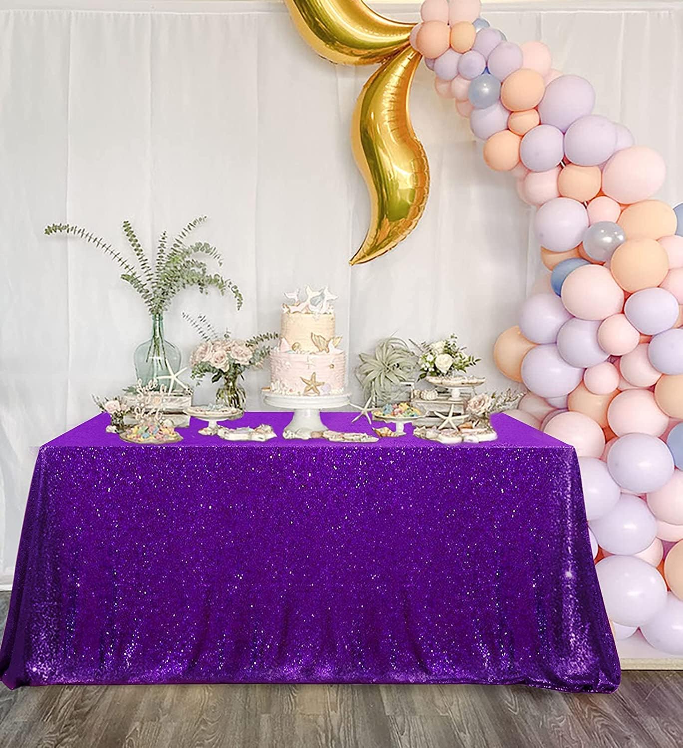QueenDream Sequin Tablecloth 90"x132" Purple Party Tablecloth Rectangular Seamless Sequin Table Cloth Overlay Glitter Wedding Birthday Bridal Shower Decorations