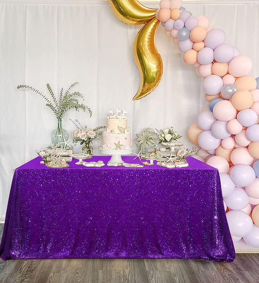 QueenDream Sequin Tablecloth 90"x132" Purple Party Tablecloth Rectangular Seamless Sequin Table Cloth Overlay Glitter Wedding Birthday Bridal Shower Decorations