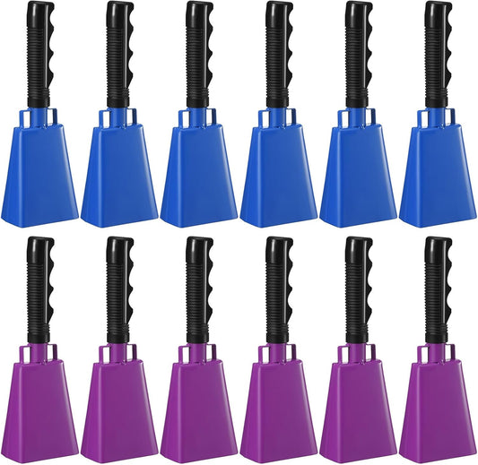 Pelopy 12 Pcs Large Cow Bell 9 '' Cowbell with Handle Cowbells for Sporting Events Hand Percussion Cheering Bell Chimes for Football Game, Alarm Loud Noise Makers, Musical Instrument(Purple, Blue)