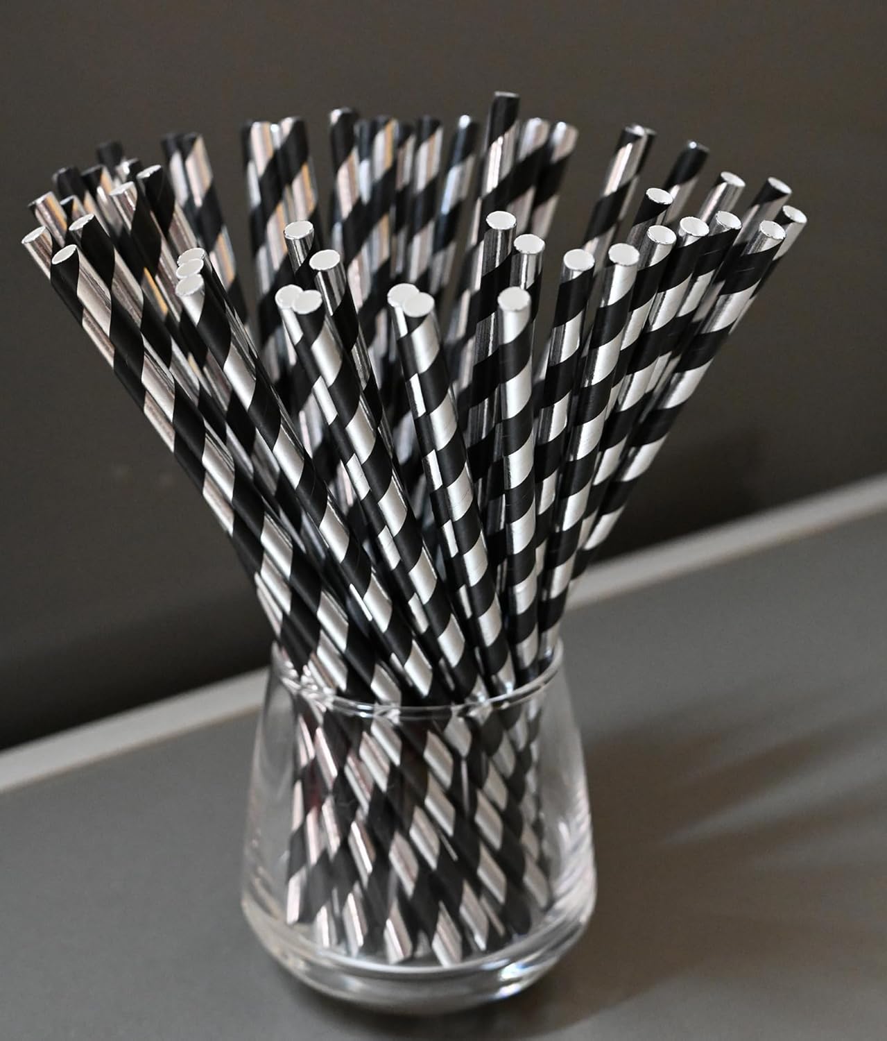 Disposable Paper Straws - Black Silver Striped Drinking Straws for Bar, Wedding, Brithday, Party Supply, Cake Pop Sticks, Cocktail, Drinks, 7.75" x 0.24"