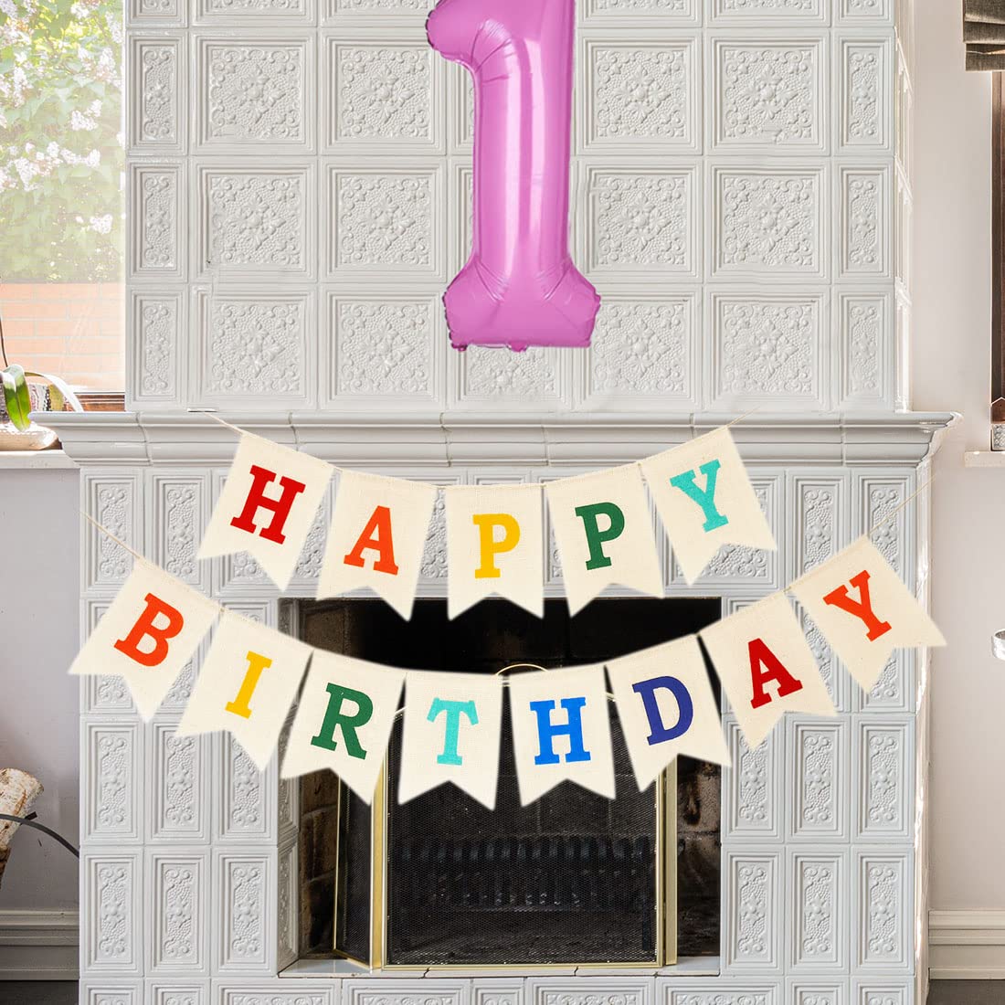 Burlap Happy Birthday Banner, Assembled Birthday Banner Sign Garland for Colorful Birthday Party
