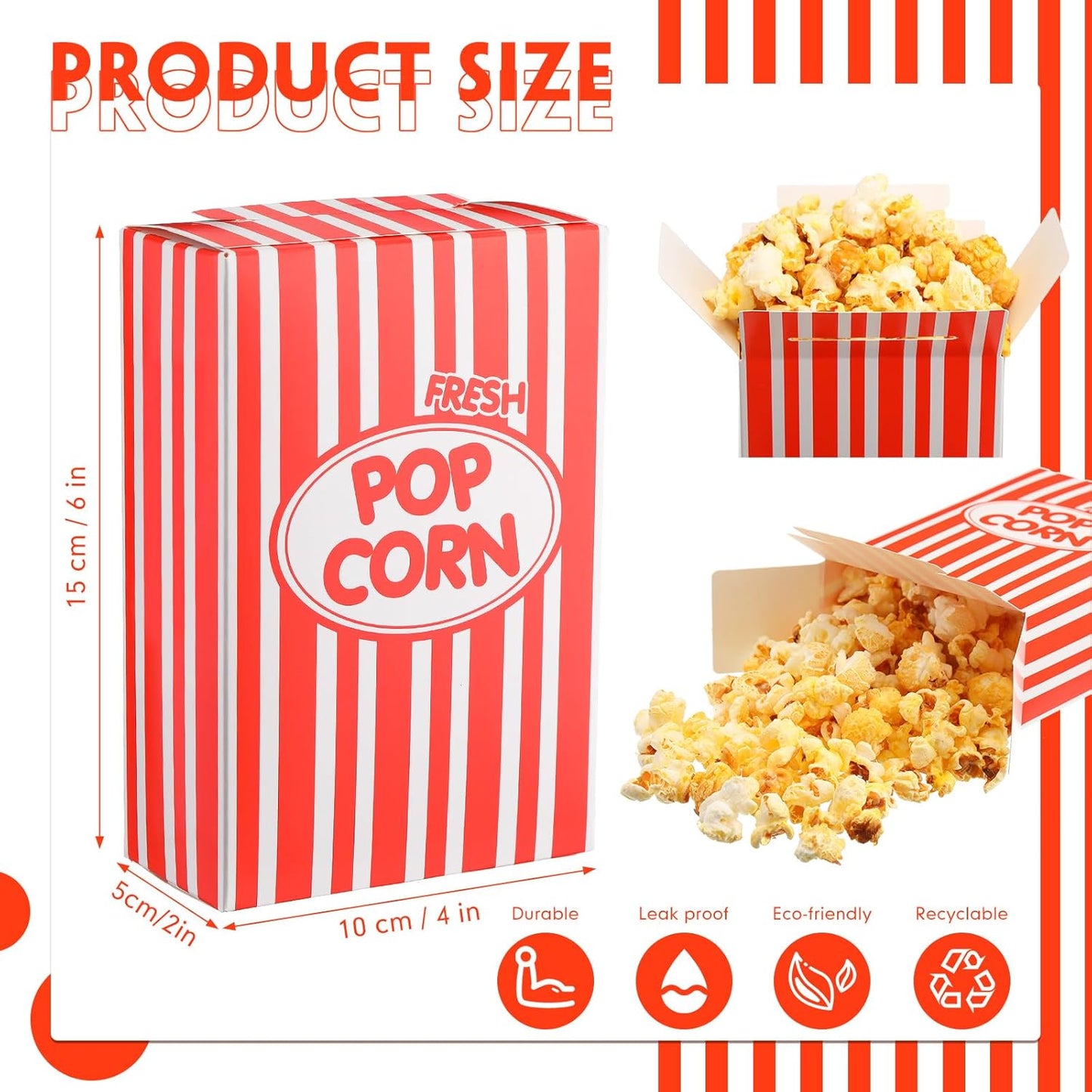 Xinnun 300 Pcs Paper Popcorn Boxes 1 oz Close Top Oil Proof Disposable Popcorn Container 6 x 4 x 2 Inch Stripes Leak Proof Popcorn Boxes for Party Movie Party Theater Night Birthday (Red)