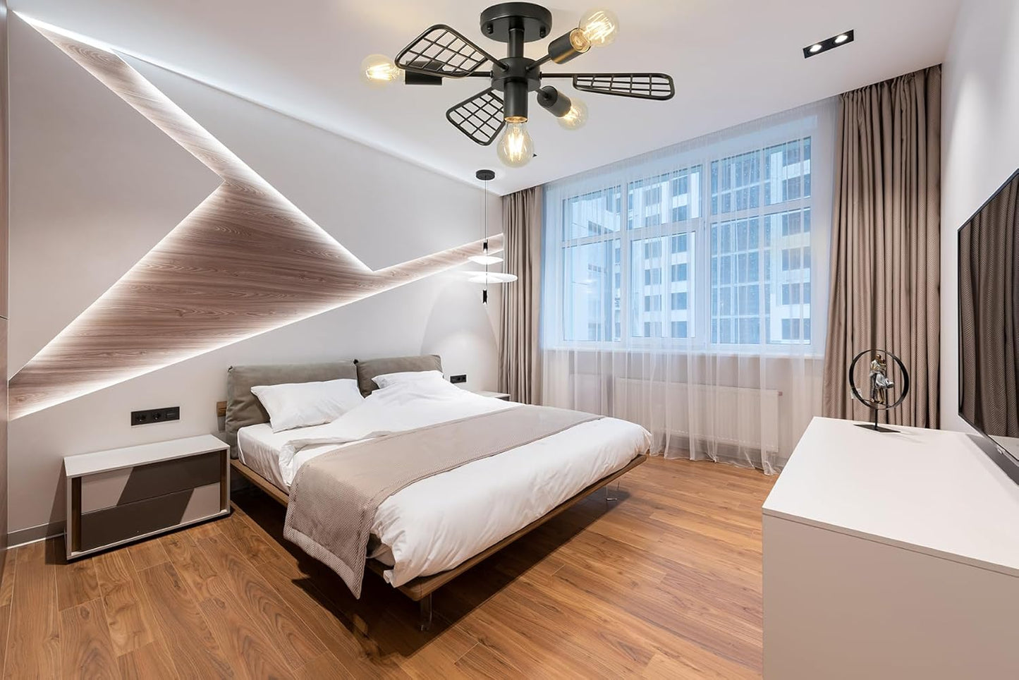 Modern Farmhouse Chandelier,21 Inch Black Metal Geometry Rustic Vintage Semi Flush Mounted Ceiling Light Fixture for Dining Room Bedroom Kitchen Island Hallway Foyer Entryway(4-Light)