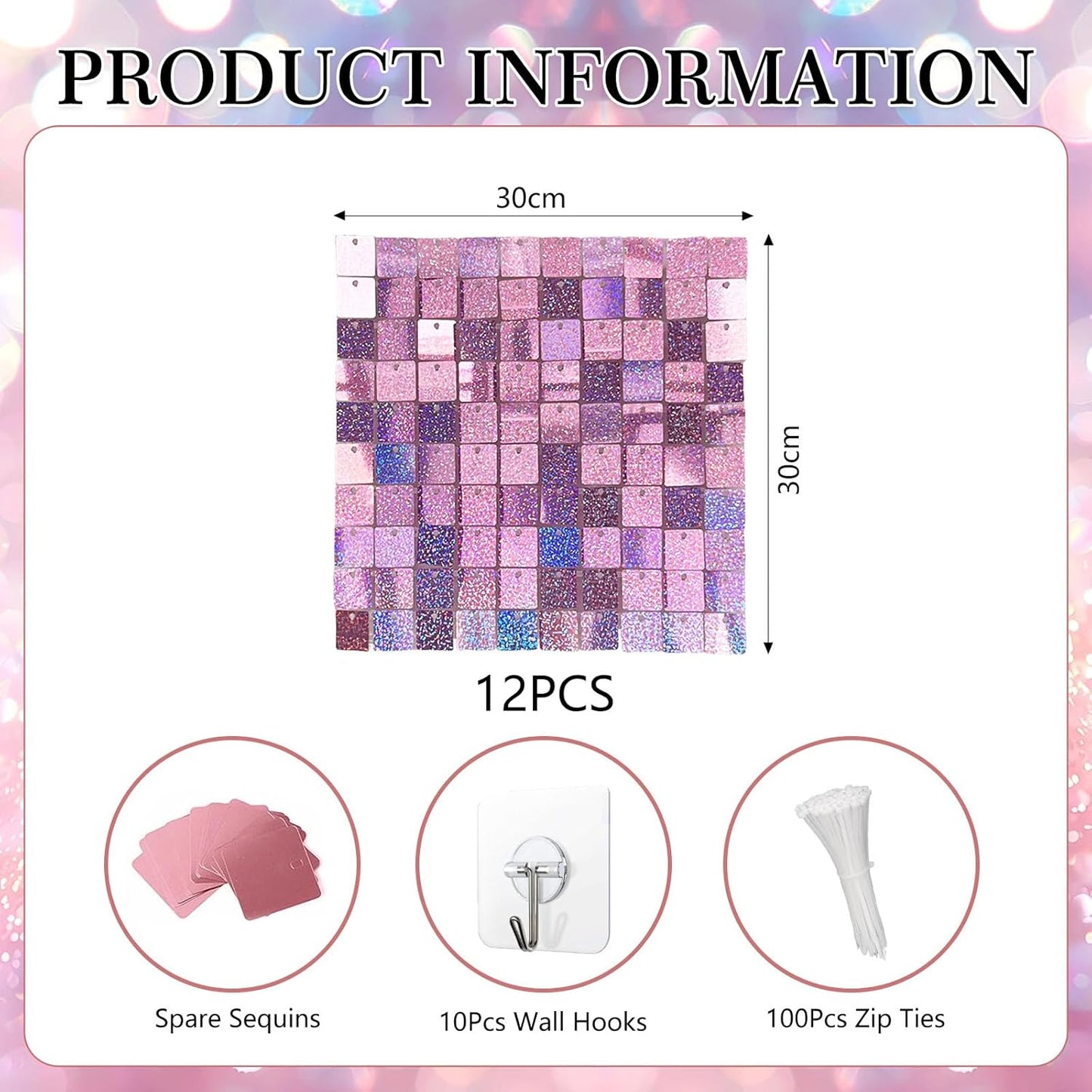 12PCS Light Pink Shimmer Wall Backdrop, Laser Square Sequin Photo Backdrops Panel, Glitter Wall Background for Birthdays, Weddings, Christmas, Engagements, Disco Bachelorette Party Decor (3FTx4FT)