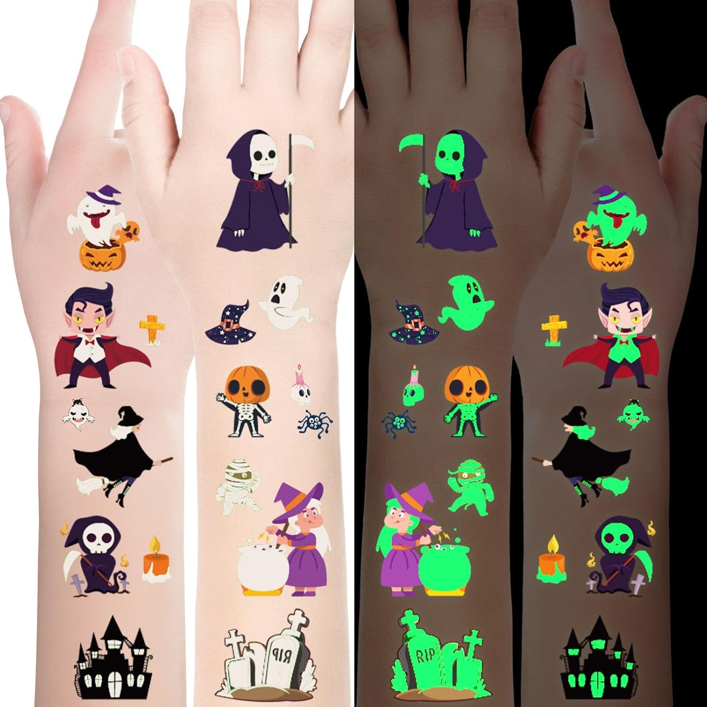 Luminous Halloween Temporary Tattoos for Kids,Bulk Halloween Party Favors-360Pcs Glow Halloween Fake Tattoos for Boys and Girls,Halloween Decorations,Games Gift Prizes for Kids,Goodie Bag Fillers