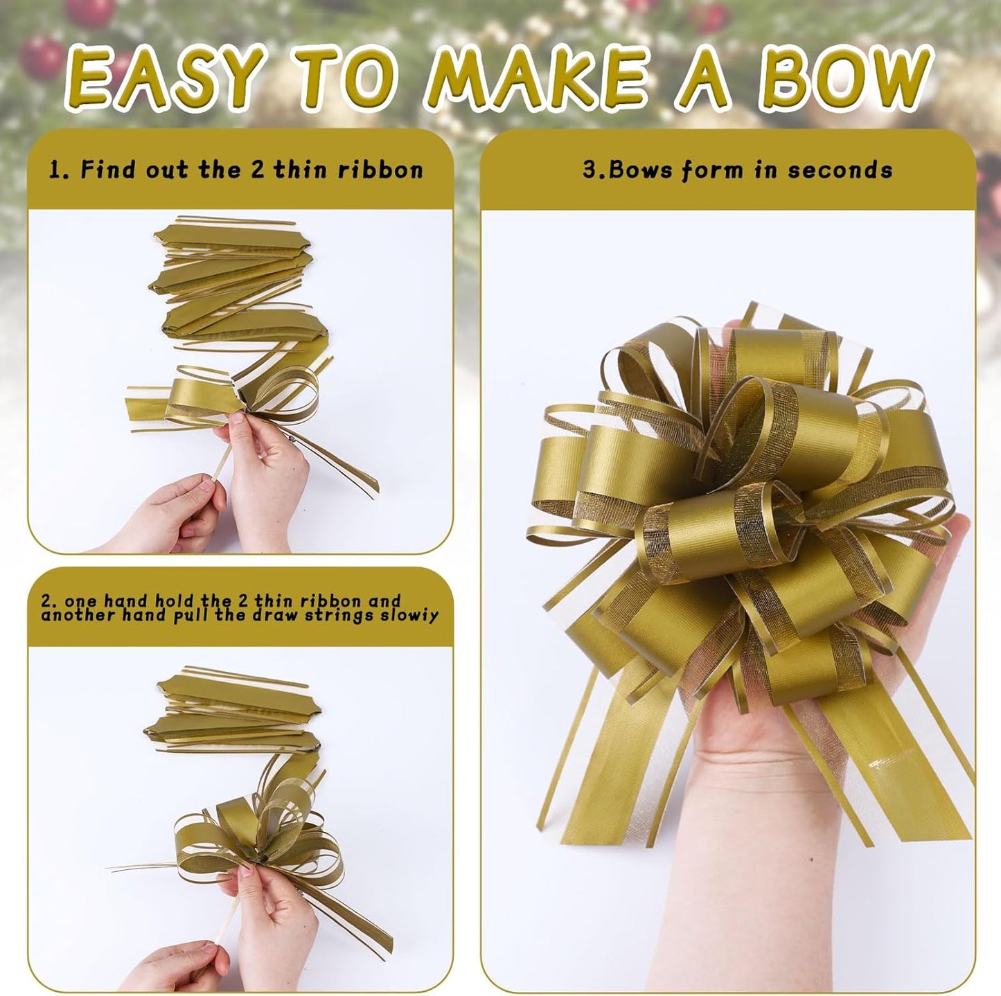 6Pcs 6inch Pull Bow Gift Wrapping,Pull Bow For Gift Basket, Gift Bag Box Wrapping Decor, Valentines Day, Birthday, Anniversary, Wedding, Flower Packaging (Golden)