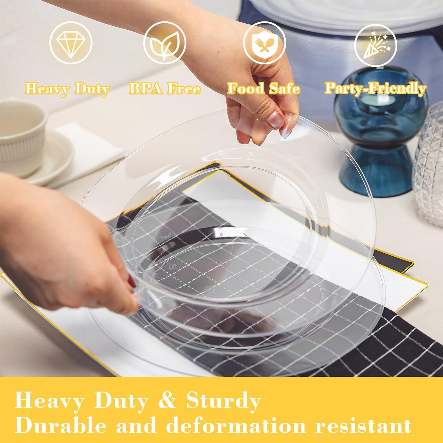 N9R 100PCS Clear Plastic Plates, 10.25 inch Clear Disposable Dinner Plate, Heavy Duty Plates for Party, Wedding, Birthday and Events