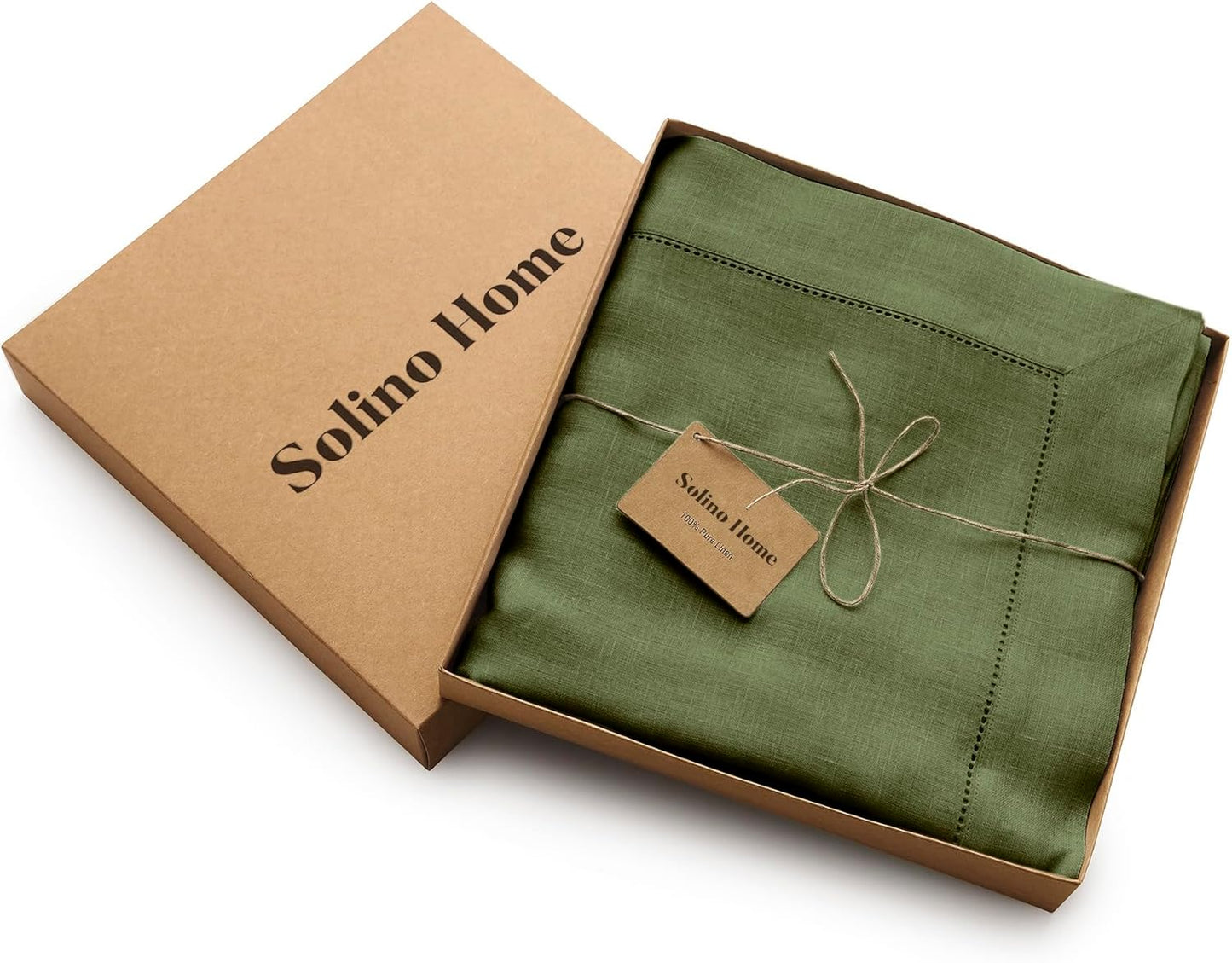 Solino Home Olive Linen Tablecloth 60 x 120 Inch - 100% Pure Linen Hemstitch Table Cloth for Rectangle Tables - Classic Hemstitch, Machine Washable Tablecloth for Fall, Autumn, Thanksgiving