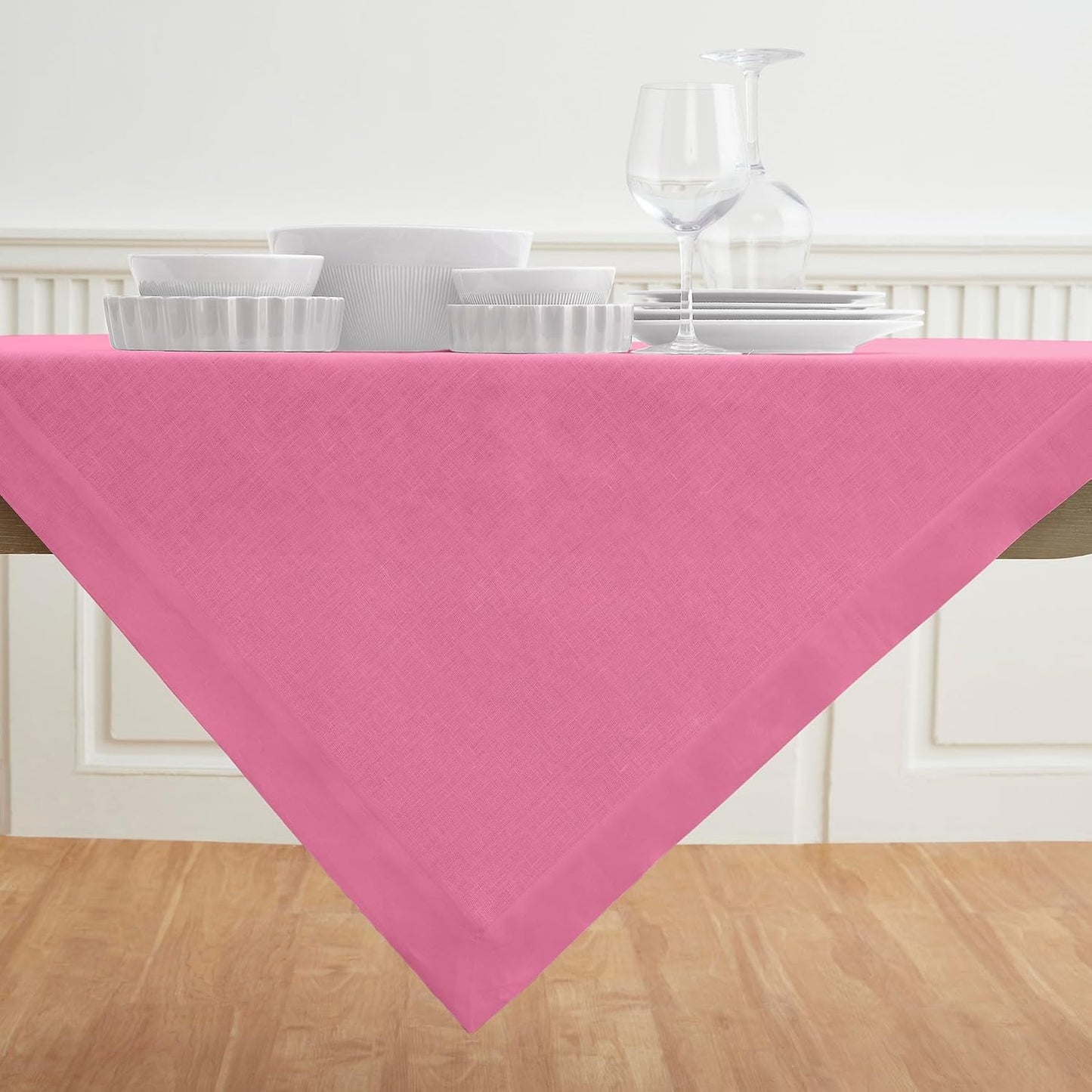 Solino Home Linen Square Tablecloth 52 x 52 Inch - 100% Pure Linen Flamingo Pink Table Throw - Fete, Machine Washable Table Cloth for Halloween