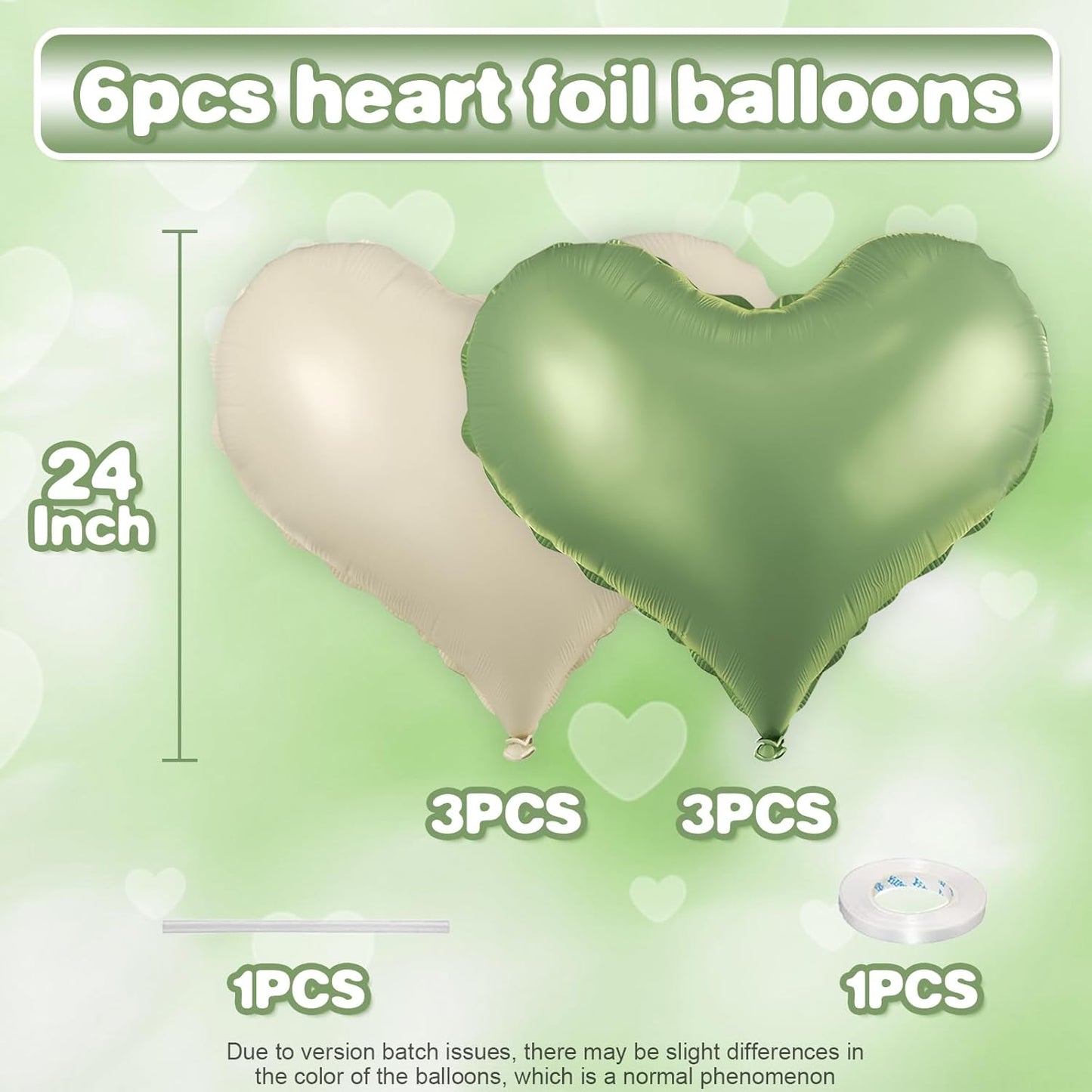 Green Cream White Heart Balloons,24Inch Heart Foil Balloons for Valentine's Day Birthday Wedding Baby Shower Anniversary Party Decorations