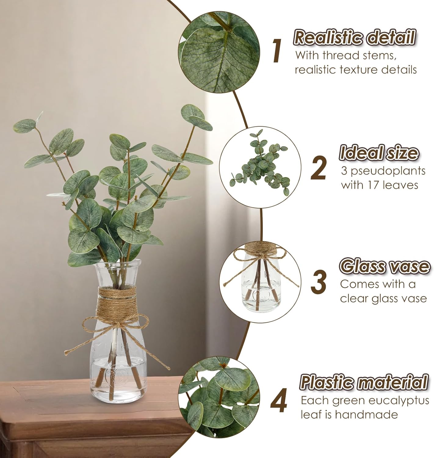 2 Pack Artificial Eucalyptus Stems in Glass Vase Decorative Greenery Artificial Plant with Double Sided Green Eucalyptus Leaves for Home Office Decor (Green-2Pcs)