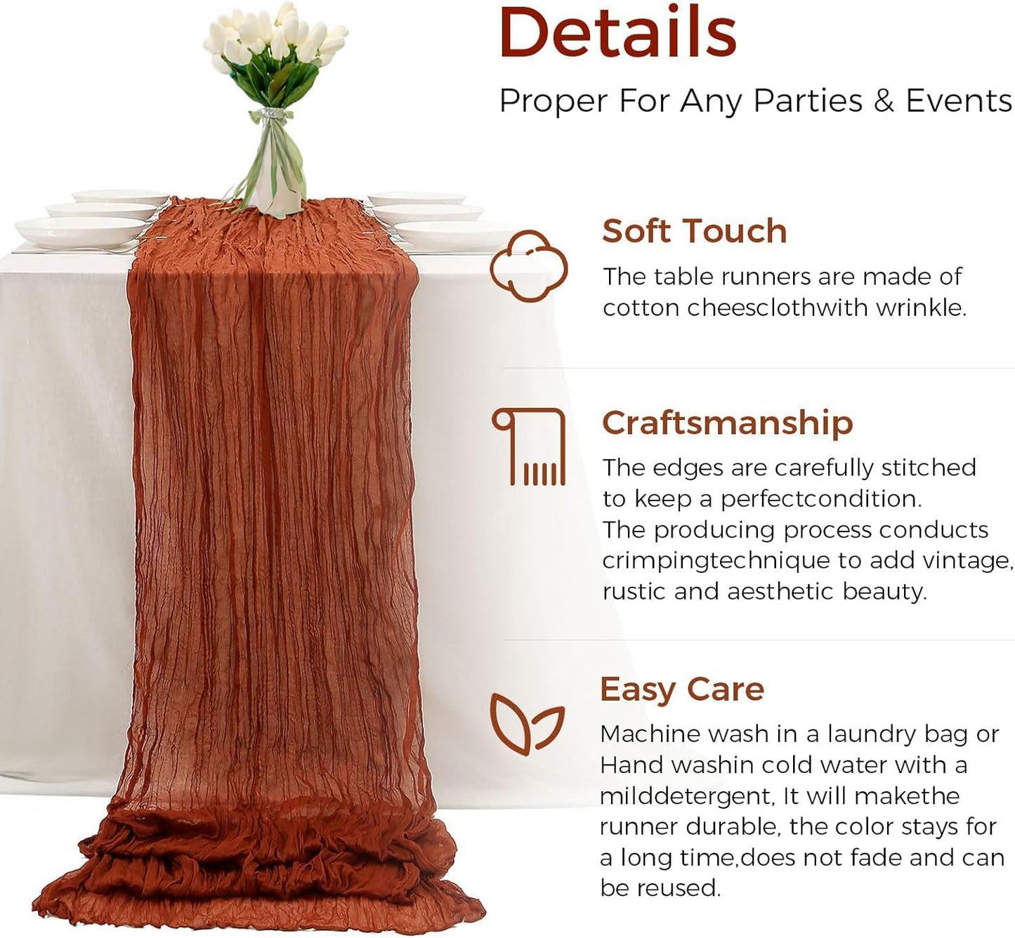 12Pcs Terracotta Cheesecloth Table Runner 120 Inch10FT Terracotta Color Rustic Boho Cheesecloth Table Runnerfor Wedding Party Baby Shower Birthday Home Decor Holiday Decorations
