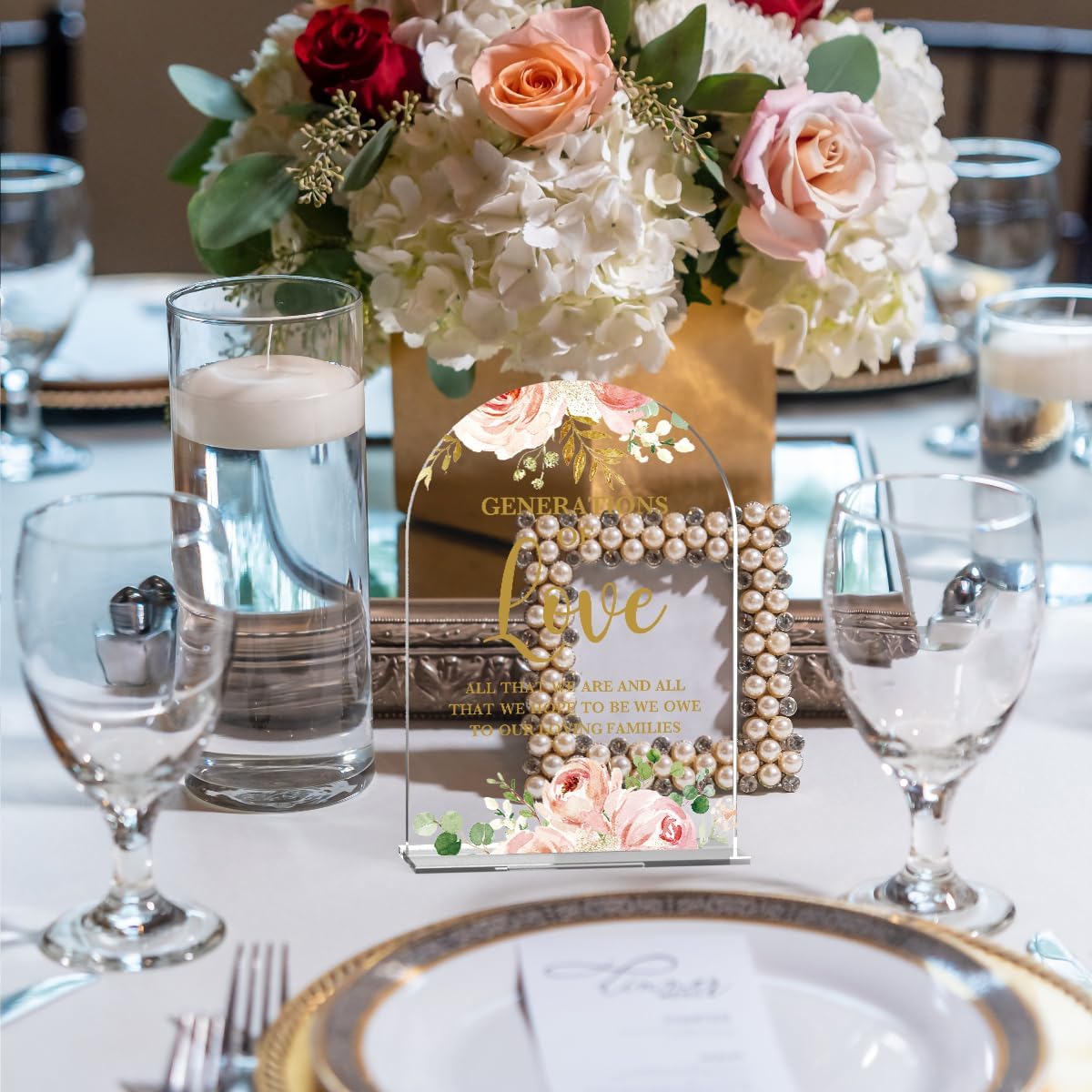 Acrylic Wedding Signs, Bridal Shower Decorations, Modern Calligraphy Arch Acrylic Table Top Sign for Wedding Reception and Engagement Parties - Generations of Love (Clear Pink Flowers)