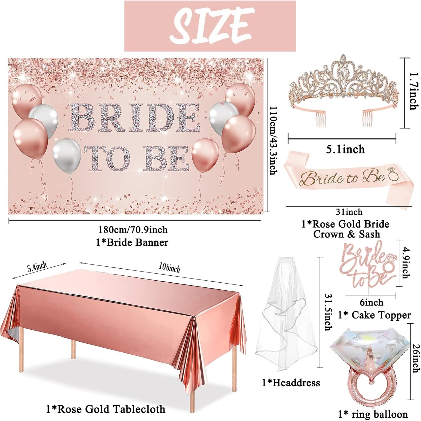 Trgowaul Bachelorette Party Decorations for Women, Rose Gold Bride to Be Banner, Bridal Shower Tiara, Bride to Be Sash&Veil, Bride to Be Cake Topper Bridal Shower Party Decorations Set