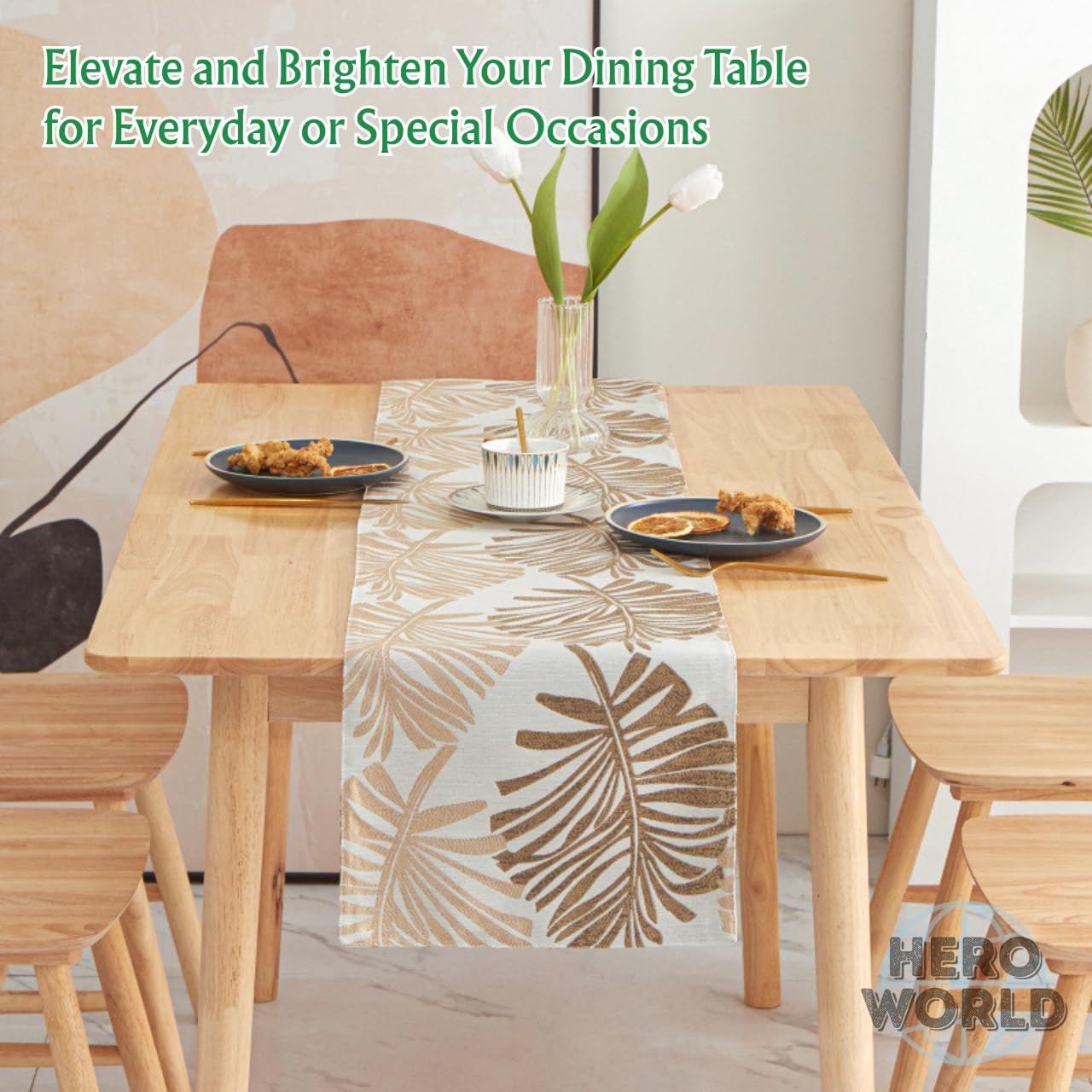 Monstera Leaf Table Runner – Elegant Fabric Table Centerpiece, Machine Washable, Gold or Green, 71"/83"/94" Length, 13" Width (Green/83)