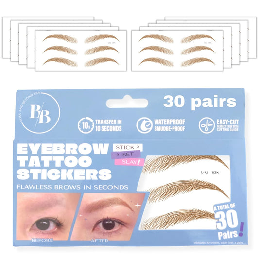 Bliss and Beyond USA Eyebrow Tattoo Stickers Waterproof – 30-Pair Deluxe Box | Realistic Hair-Like Temporary Brows for Alopecia, Cancer, and Hair Loss (Light Brown, Natural Miami)
