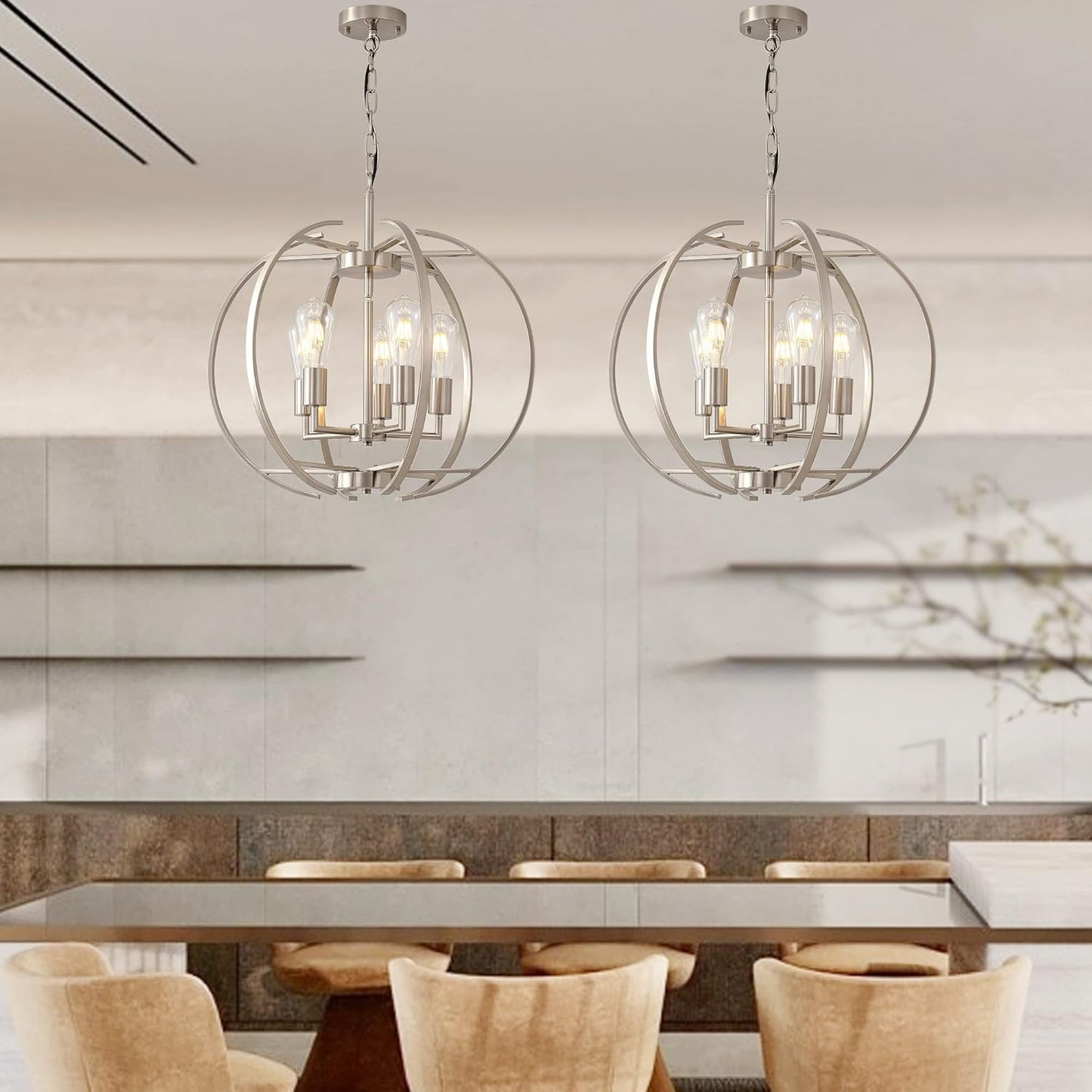 Large Lantern Globe Brushed Nickel Chandelier Lighting, Adjustable Hanging Ceiling Pendant 5 Light for Kitchen, Dining Room, Living Room, Hallway, Bedroom