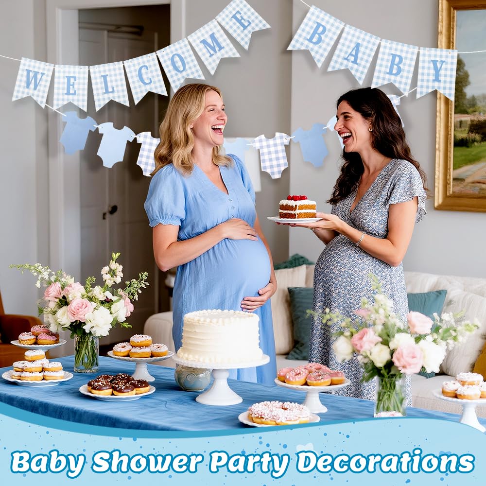 Baby Boy Baby Shower Banner, 2 PCS Pre-strung Blue Gingham Welcome Baby and Body Cloth Banner for
