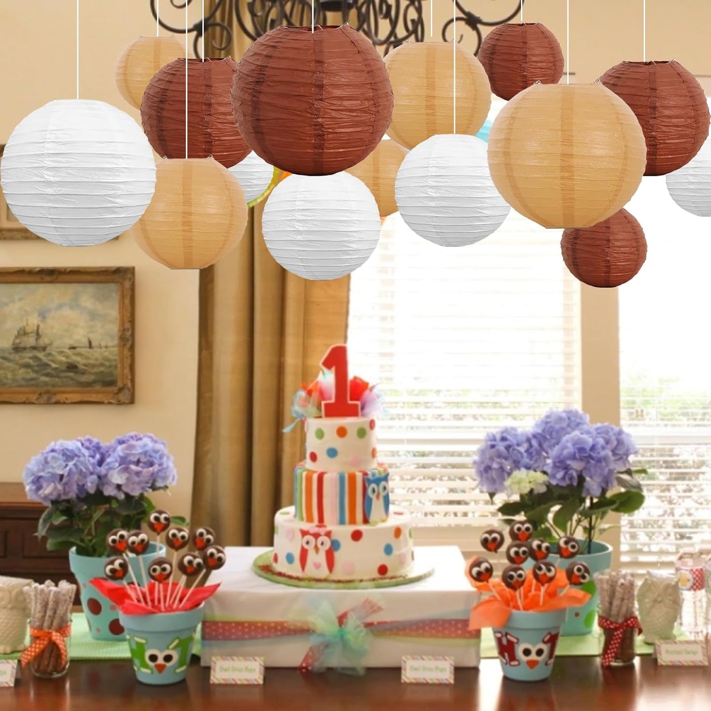 BEISHIDA 16 Pcs Brown Mix Paper Lanterns,Hanging Decorative Chinese Japanese Round Paper Lantern Lamp for Bachelorette Party Father's Day Retirement PartyDecoration
