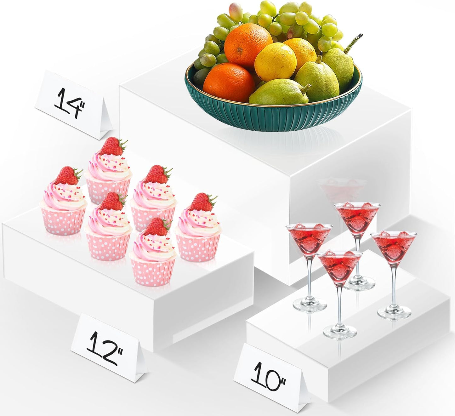 Extra Large Buffet Risers Set, 10" 12" 14" White Acrylic Food Risers for Buffet Table, Display Stand Shelf with Hollow Bottoms for Catering Dessert Collectibles Jewelry Figures Show (White)