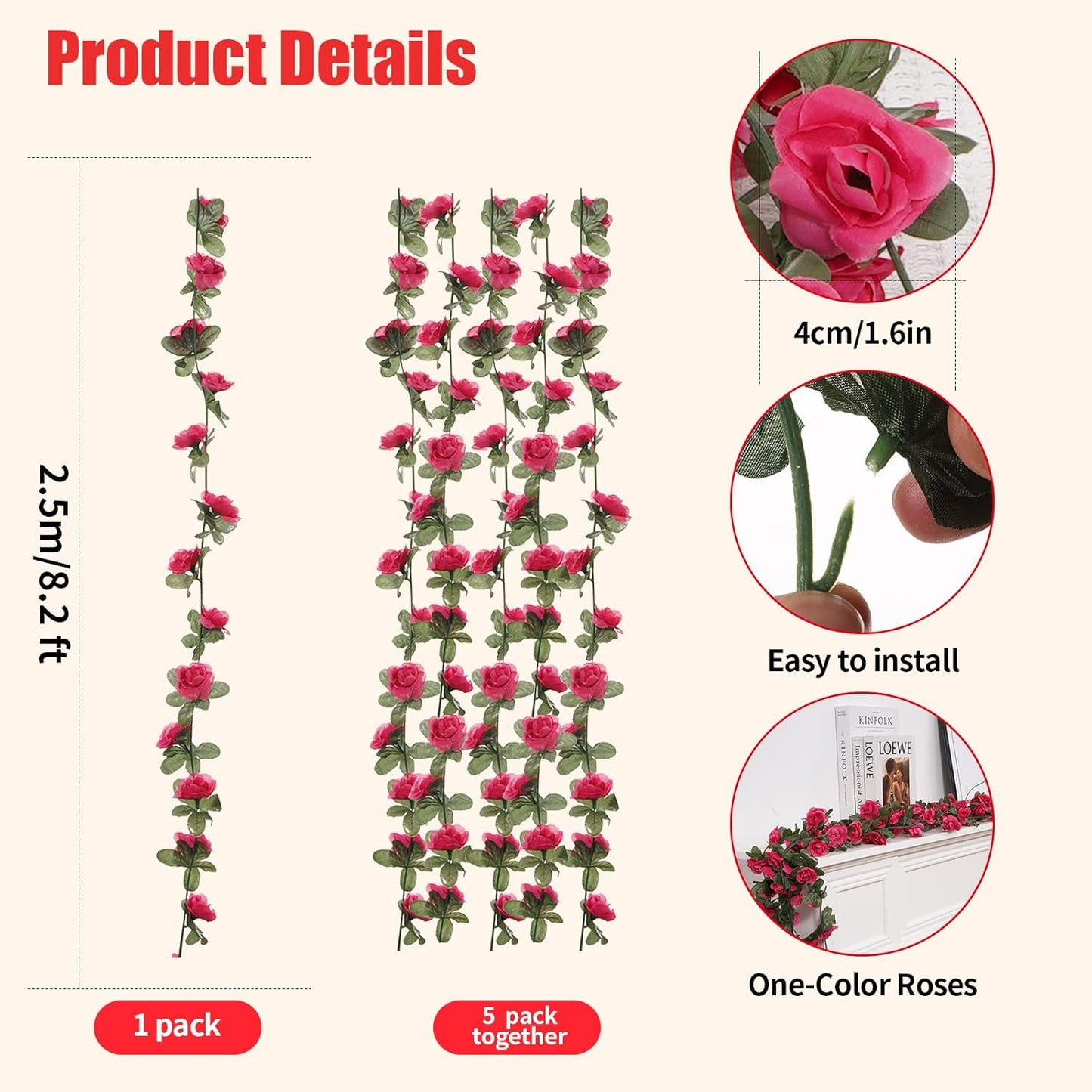 5 Pcs 41FT Flower Garland, Artificial Rose Garland Flowers Plants Fake Flower Hanging Rose Ivy, Birthday Party Valentine's Day Wedding Wall Arch Decor（Fuchsia）