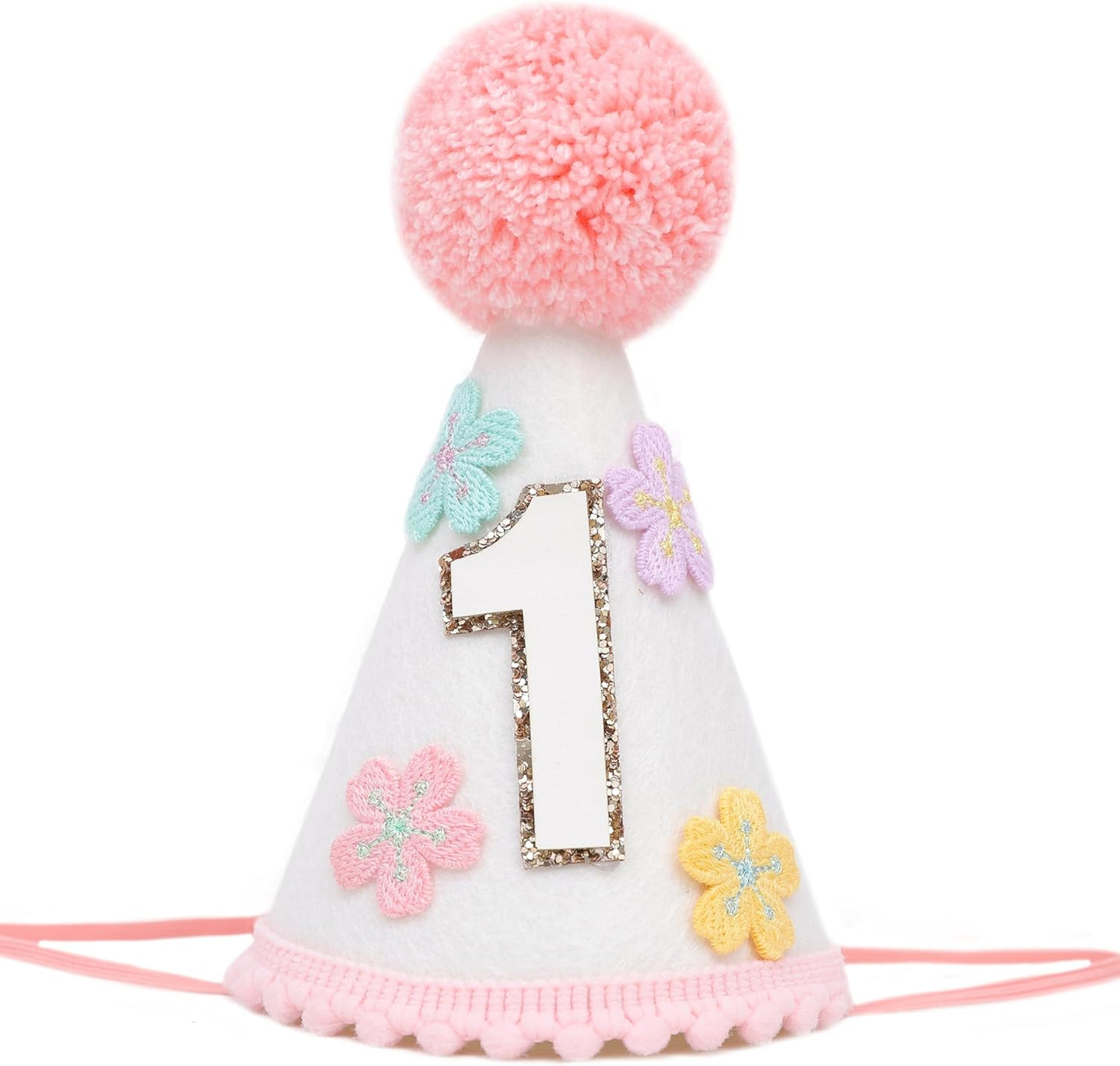 WAUAO Colorful Flower 1st Birthday Cone Hat for Girls - Cute & Adorable Floral Crown, First Birthday Decorations