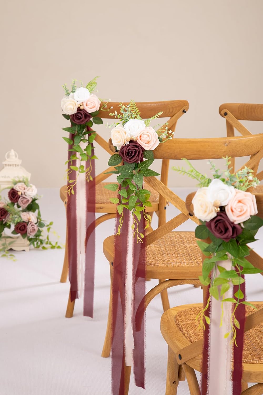 DORIS HOME Wedding Chair Decorations Burgundy Pew Flowers Set of 10 for Wedding Ceremony Party Aisle Decor with Artificial Flowers Eucalyptus and Ribbons