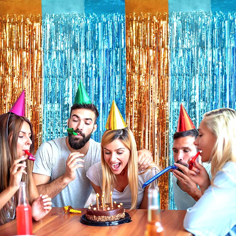 TONIFUL Orange Blue Door Streamers,Blue and Orange Photo Booth Backdrop Metallic Streamers Foil Fringe Curtain for Birthday,New Year,Graduation,Grad,Bachelorette Party Streamers Decoration