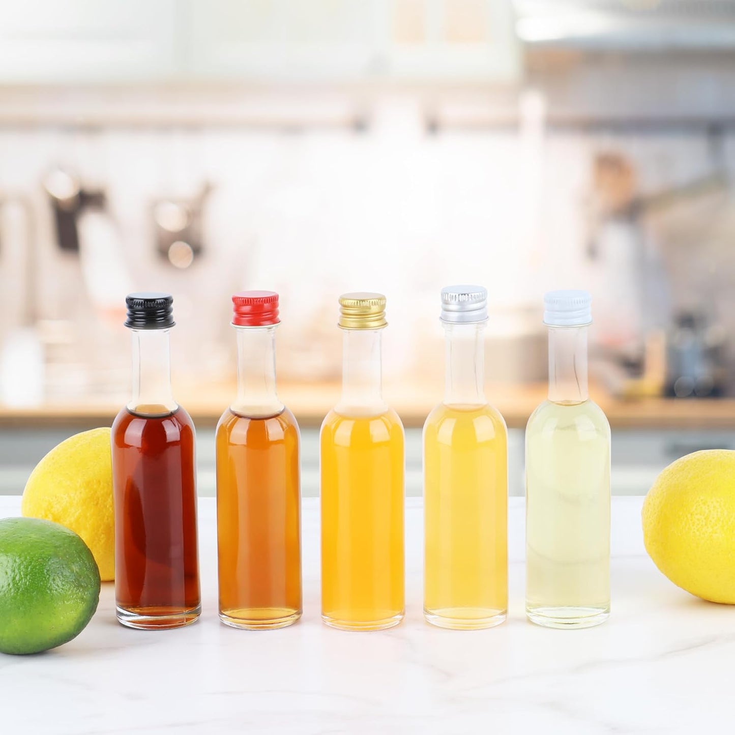 50 ml (1.7oz) 24 Pack, Mini Small Glass Bottles With Leak Proof Air Tight Gold Caps, Aluminum Lids, For Liquor Wine Alcohol Ginger Shots SamplesTequila