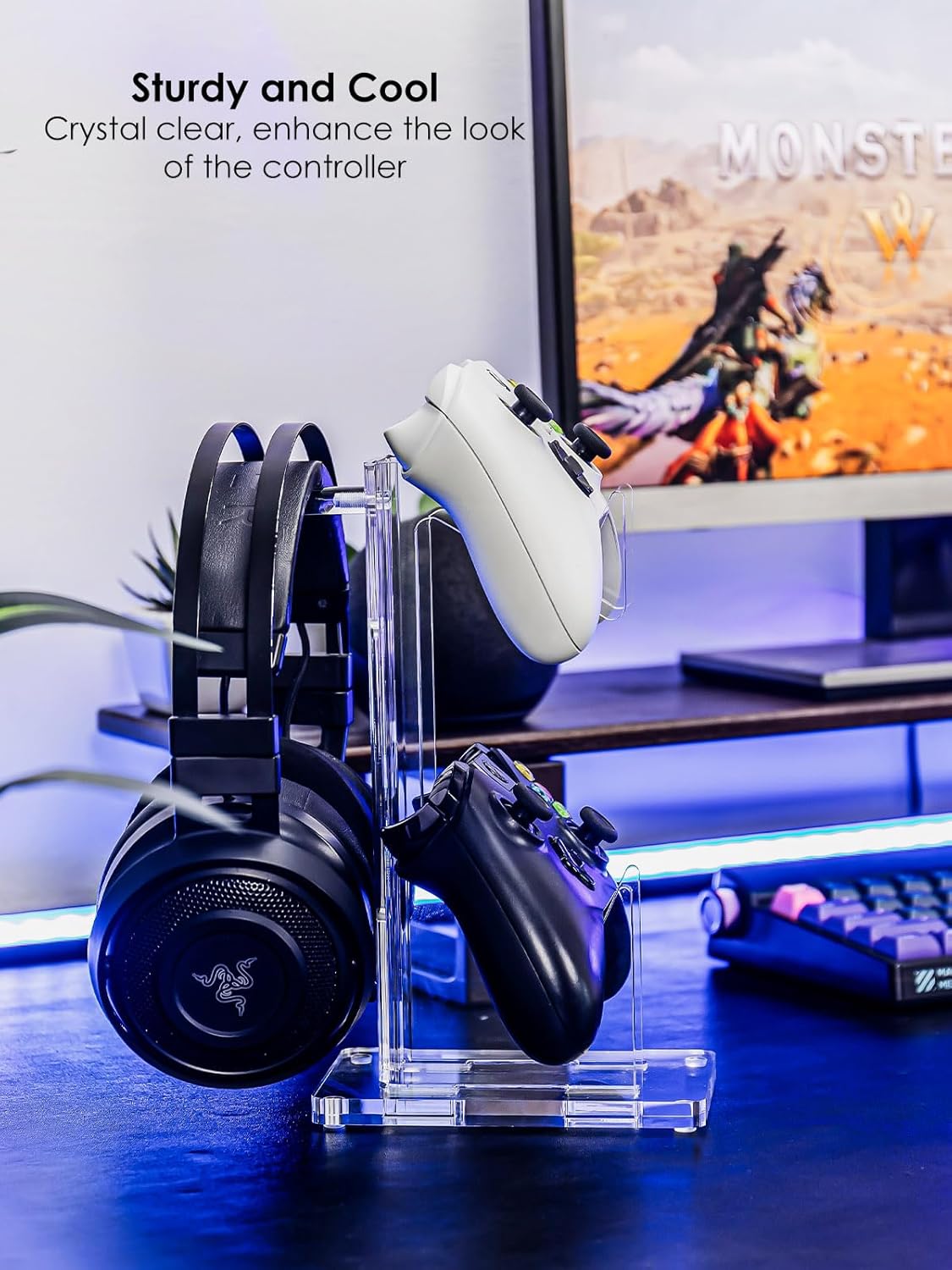 OAPRIRE Headset and Controller Stand, Space-Saving 2 Tier Game Controller Holder, Acrylic Controller and Headset Stand for Desktop, Universal Design Compatible with PS5/PS4/Xbox/Switch (Crystal Clear)