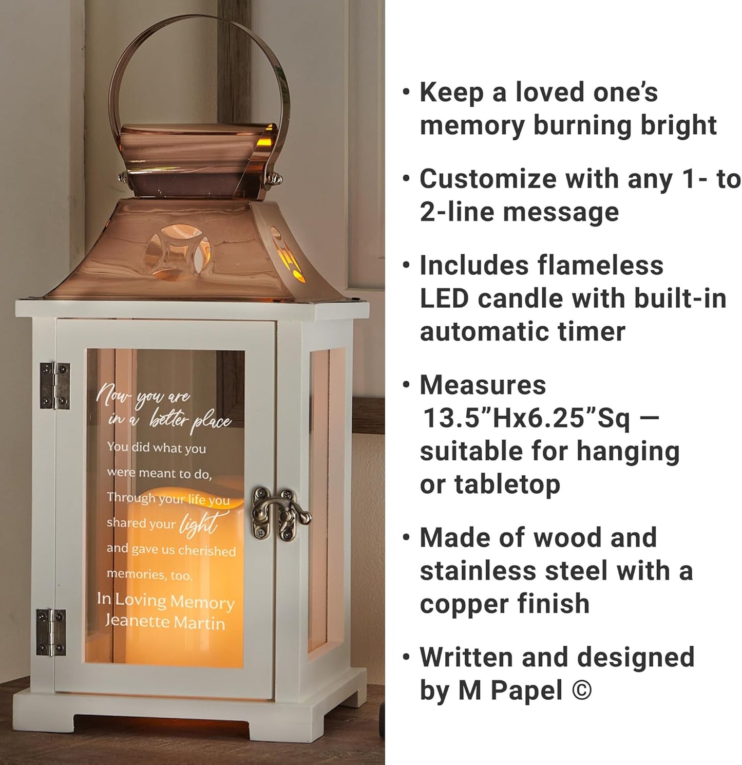 Let's Make Memories Personalized Memorial Lantern - Sympathy - Condolences - LED Candle - Automatic Timer - Wood/Stainless Steel - Copper Finish - in a Better Place