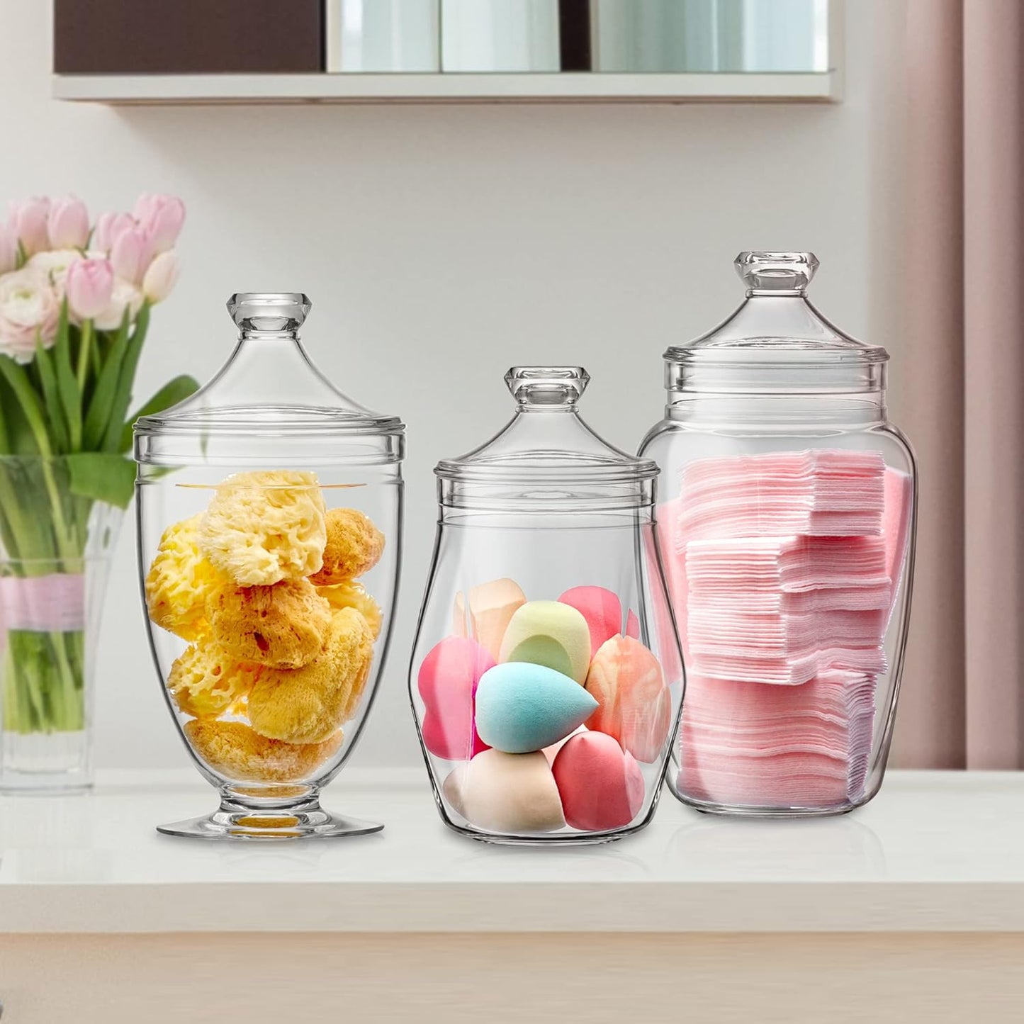 Amazing Abby - Enchant - Plastic Apothecary Jars (3-Piece Set, 46/45/59 oz), Acrylic Jars with Lids, Bathroom Canisters, Candy Buffet, Wedding Display, BPA-Free and Shatter-Proof (NOT Glass)