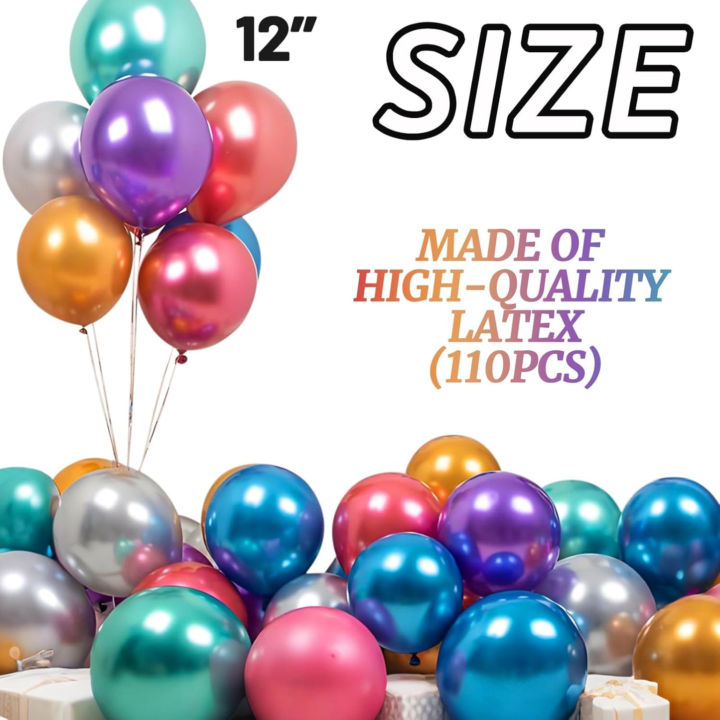 110pcs Metallic Multi Balloons, Metallic Color Latex Balloons 12 inch, Multi Balloon for Birthday Party Baby Shower Wedding(with 2 Ribbons).