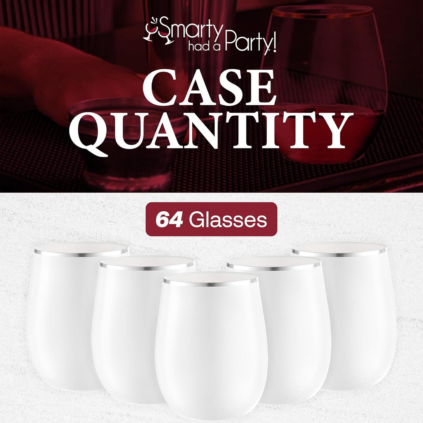 Smarty Had A Party 64 White with Silver Elegant Stemless Plastic Wine Glasses, 12 oz Disposable Drinkware, Plastic Wine Glasses for Parties