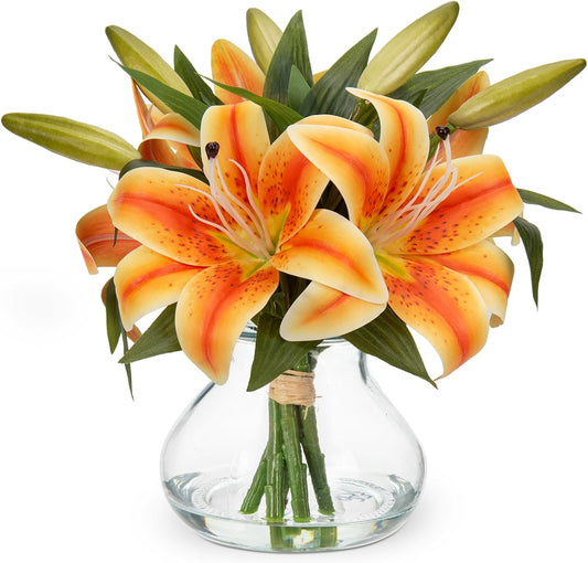 Hollyone Tiger Lily Fall Flowers Artificial for Decoration in Vase Real Touch Orange Autumn Silk Faux Flowers Arrangements with Glass Vase with Fake Water Lily Centerpiece Fall Decorations for Home