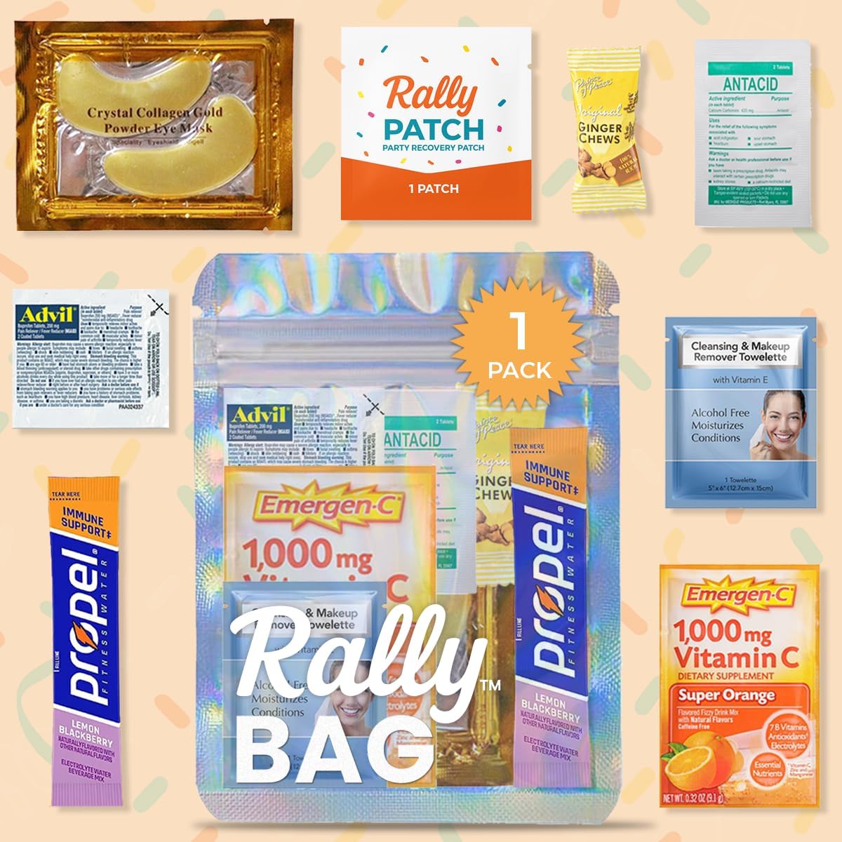 The Rally Bag - 1 Pre-Filled Hangover Kit for Bachelorette Party Favors, 21st Birthday Gift, Wedding Favors, Girls Trips, Cruises & Celebrations | 7 Piece Hangover Supplies & Bag (1 Kit)